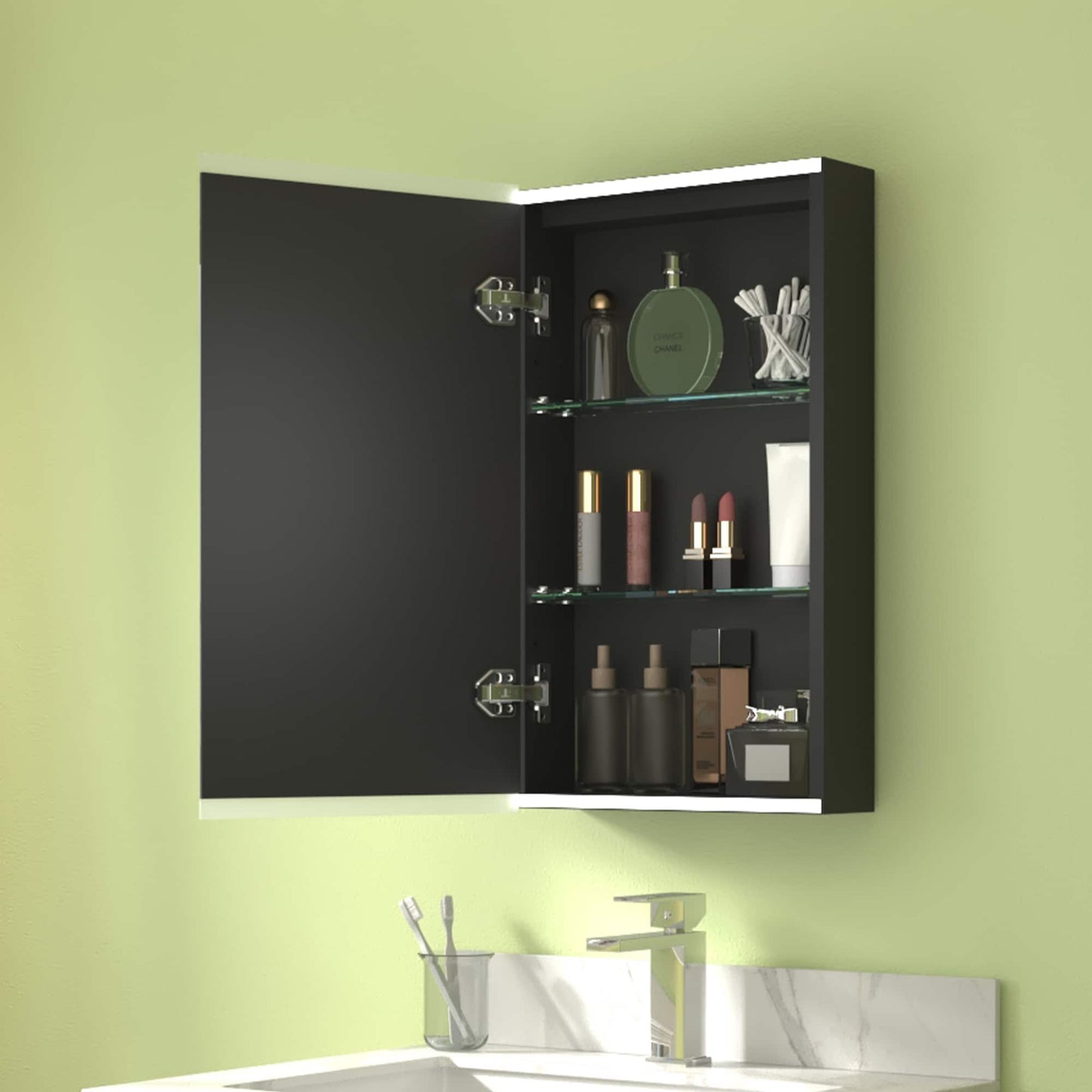ExBrite Arvona 15-in x 26-in Lighted LED Surface Mount Matte Black Mirrored Medicine Cabinet