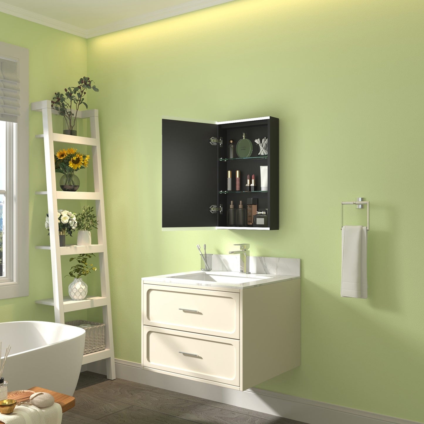 ExBrite Arvona 15-in x 26-in Lighted LED Surface Mount Matte Black Mirrored Medicine Cabinet