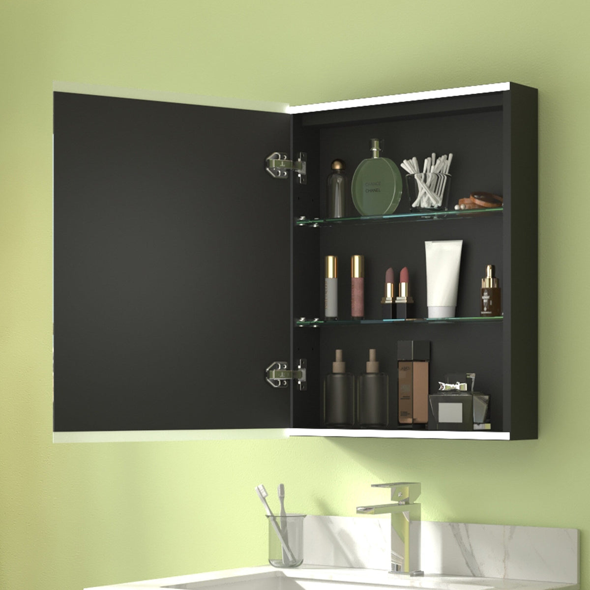 ExBrite Arvona 20-in x 26-in Lighted LED Surface Mount Matte Black Mirrored Medicine Cabinet