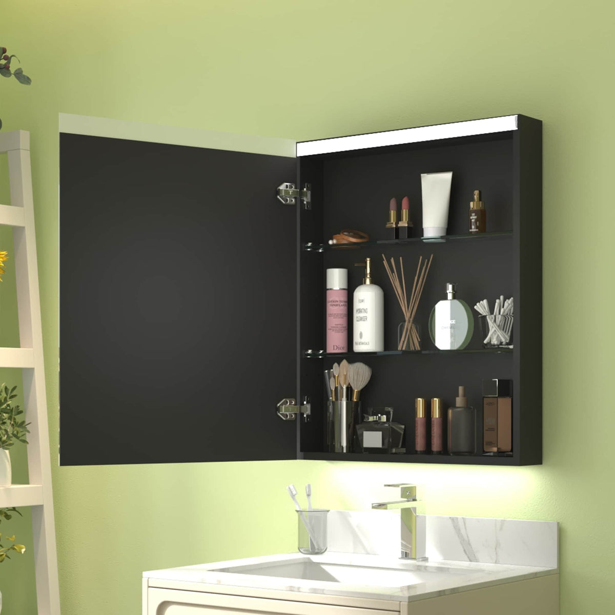 ExBrite Arvona 24-in x 30-in Lighted LED Surface Mount Matte Black Mirrored Medicine Cabinet