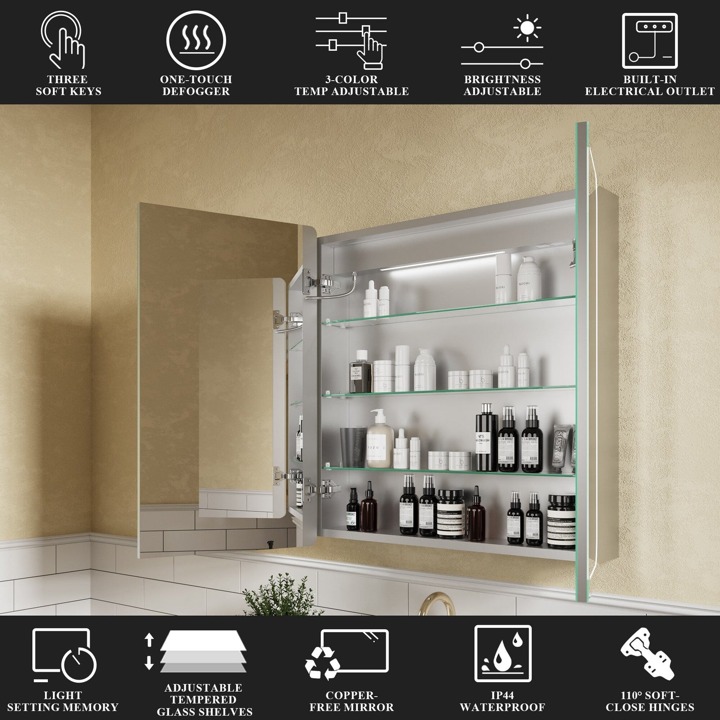 ExBrite Nova 30-in x 32-in Lighted LED Fog Free Surface/Recessed Mount Silver Mirrored Soft Close Medicine Cabinet with Outlet