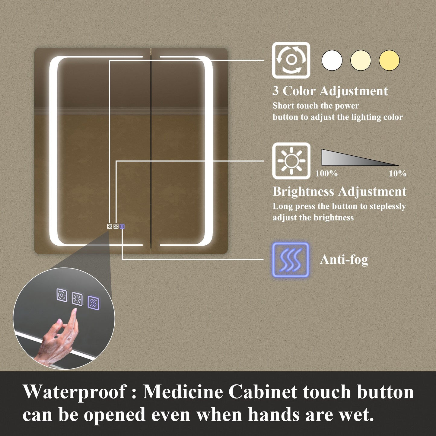 ExBrite Nova 30-in x 32-in Lighted LED Fog Free Surface/Recessed Mount Silver Mirrored Soft Close Medicine Cabinet with Outlet
