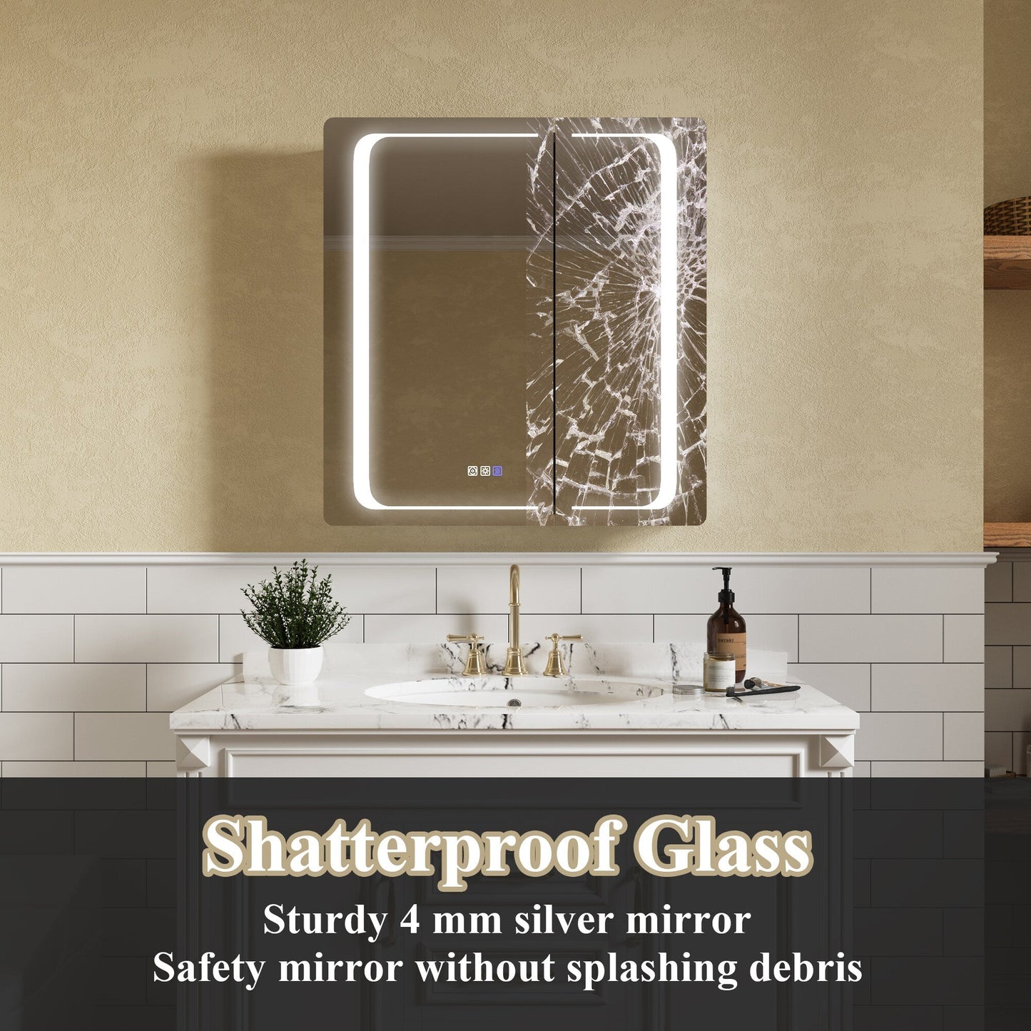 ExBrite Nova 30-in x 32-in Lighted LED Fog Free Surface/Recessed Mount Silver Mirrored Soft Close Medicine Cabinet with Outlet
