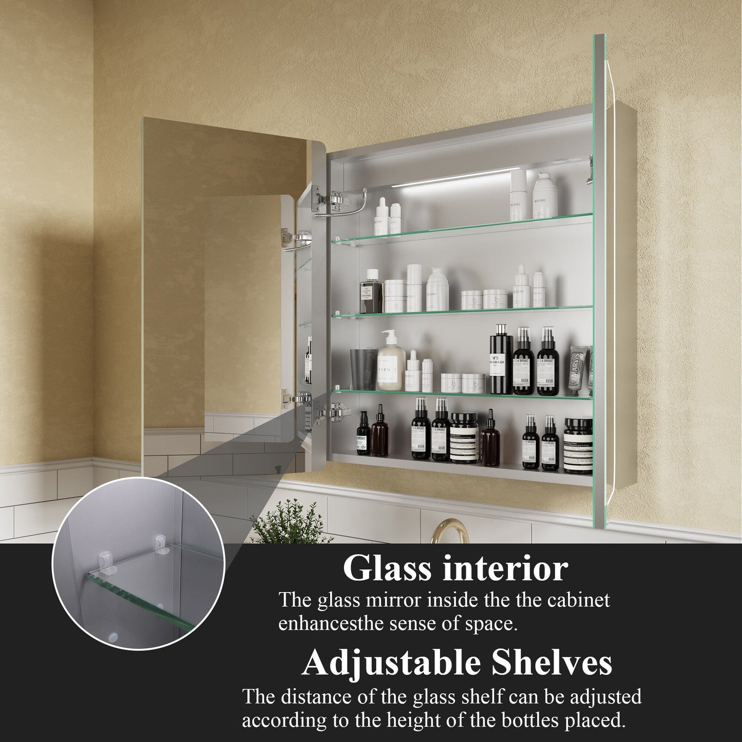 ExBrite Nova 30-in x 32-in Lighted LED Fog Free Surface/Recessed Mount Silver Mirrored Soft Close Medicine Cabinet with Outlet