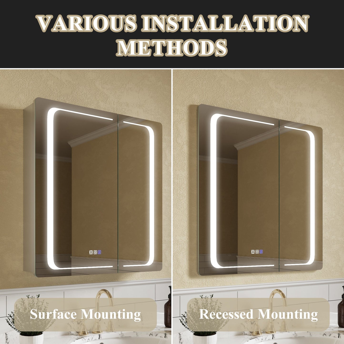 ExBrite Nova 30-in x 32-in Lighted LED Fog Free Surface/Recessed Mount Silver Mirrored Soft Close Medicine Cabinet with Outlet