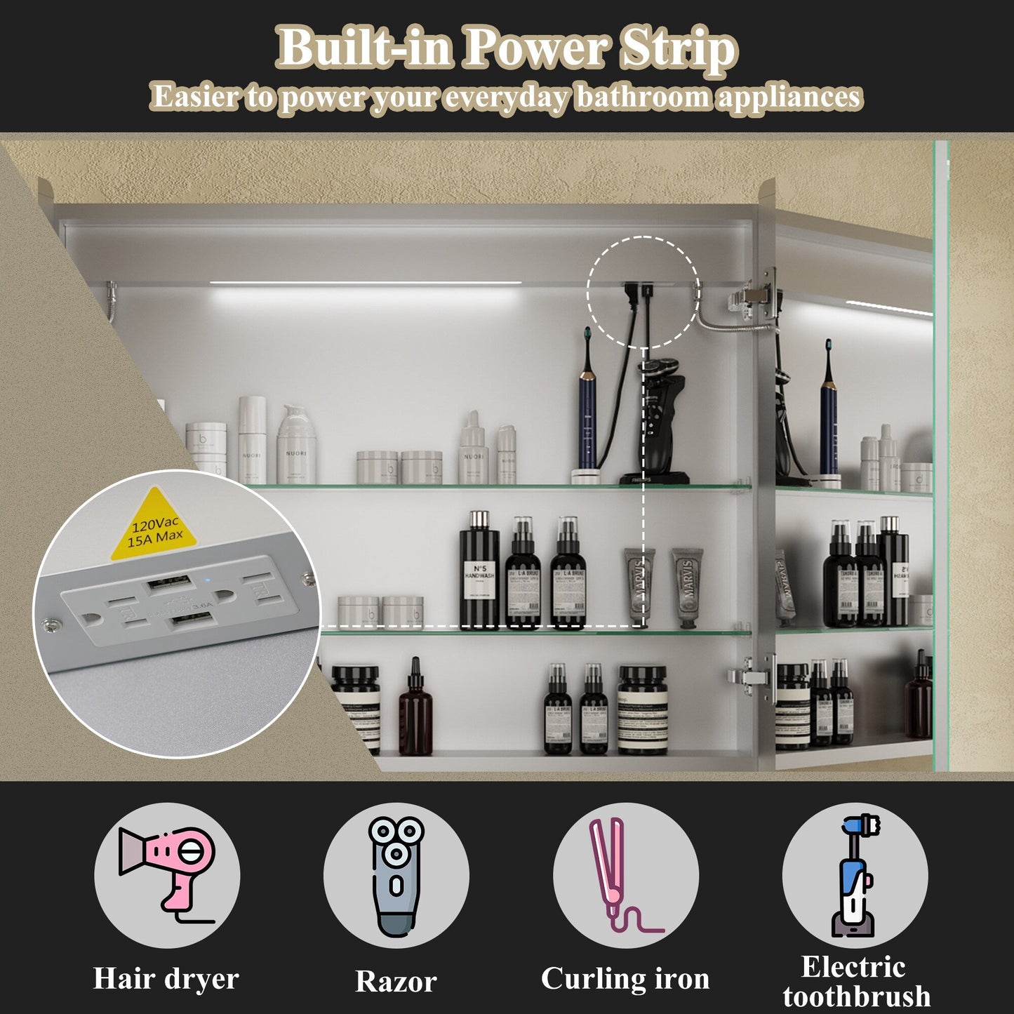 ExBrite Nova 30-in x 32-in Lighted LED Fog Free Surface/Recessed Mount Silver Mirrored Soft Close Medicine Cabinet with Outlet