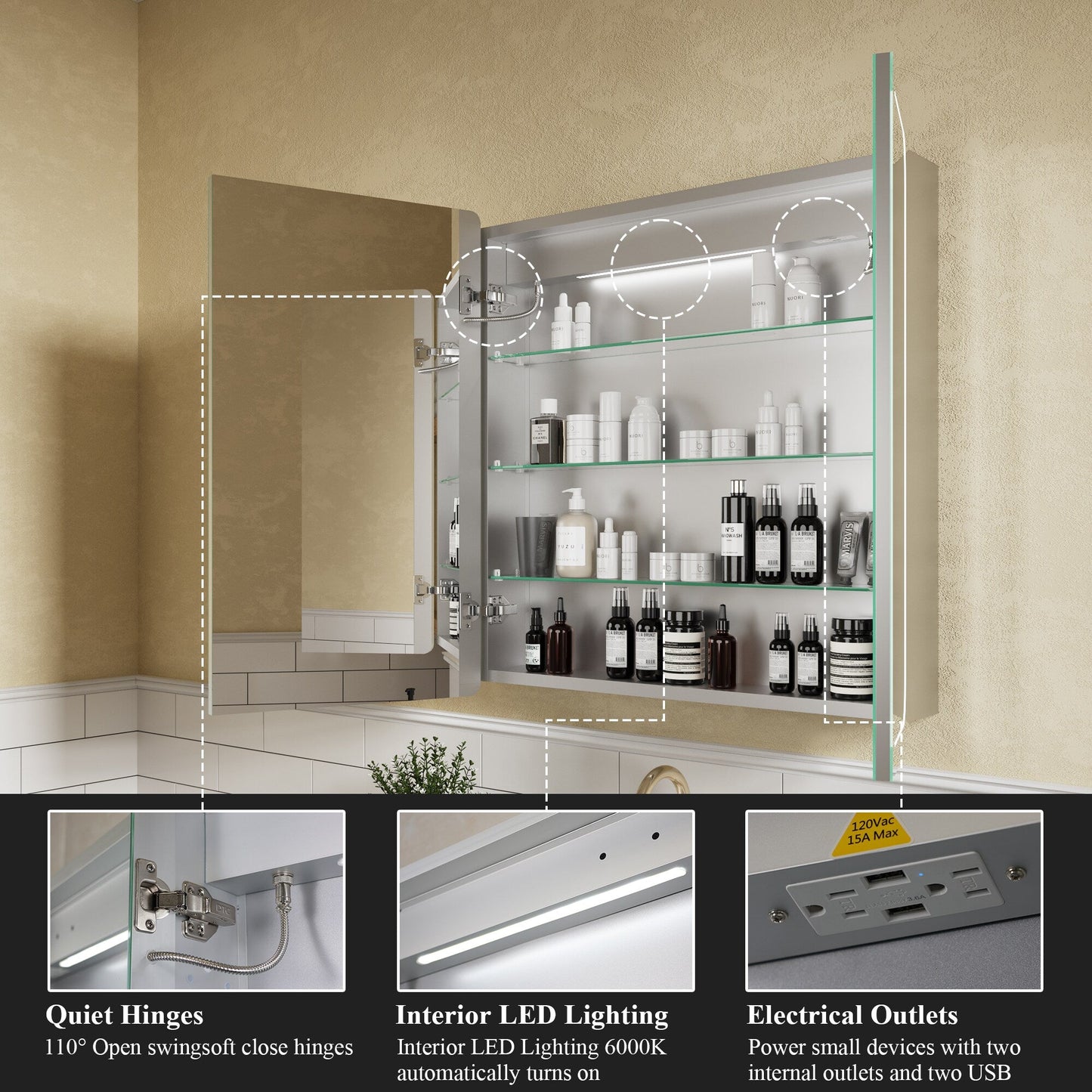 ExBrite Nova 30-in x 32-in Lighted LED Fog Free Surface/Recessed Mount Silver Mirrored Soft Close Medicine Cabinet with Outlet