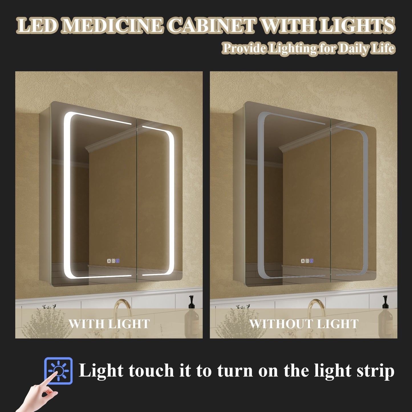ExBrite Nova 30-in x 32-in Lighted LED Fog Free Surface/Recessed Mount Silver Mirrored Soft Close Medicine Cabinet with Outlet