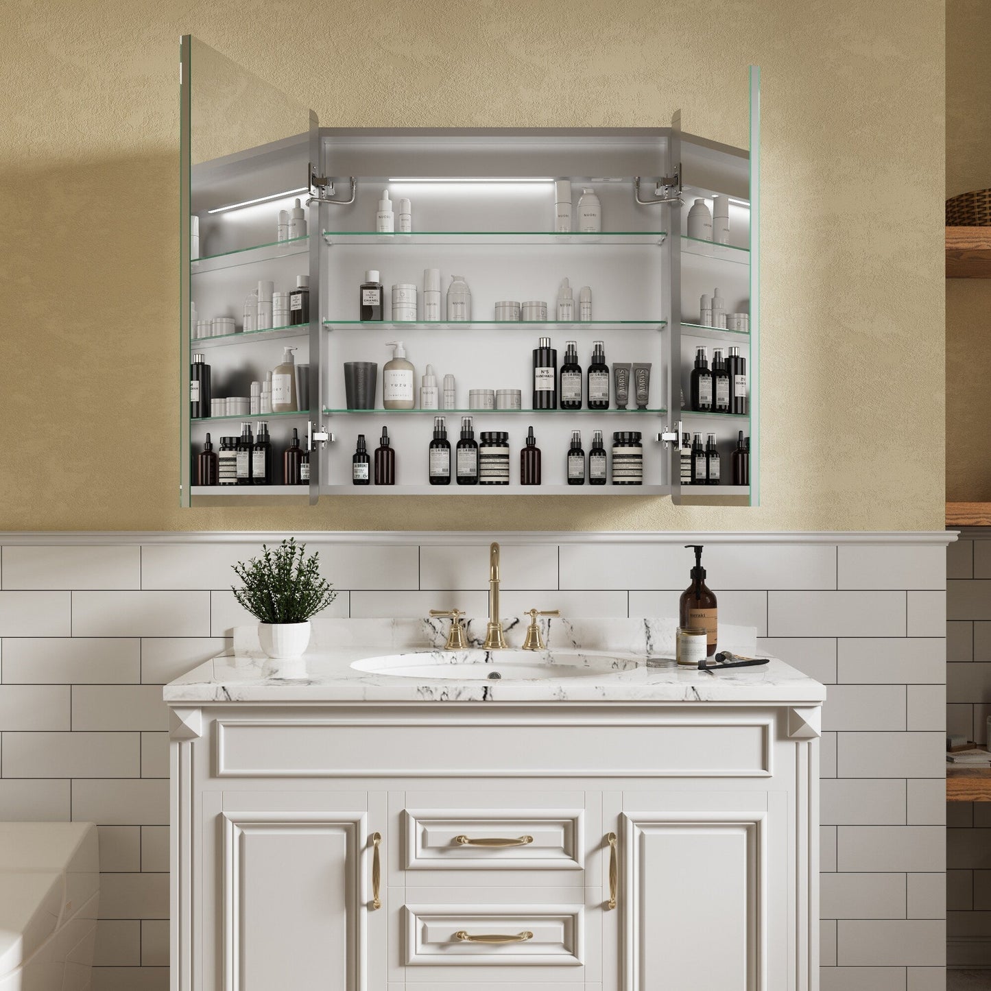 ExBrite Nova 30-in x 32-in Lighted LED Fog Free Surface/Recessed Mount Silver Mirrored Soft Close Medicine Cabinet with Outlet