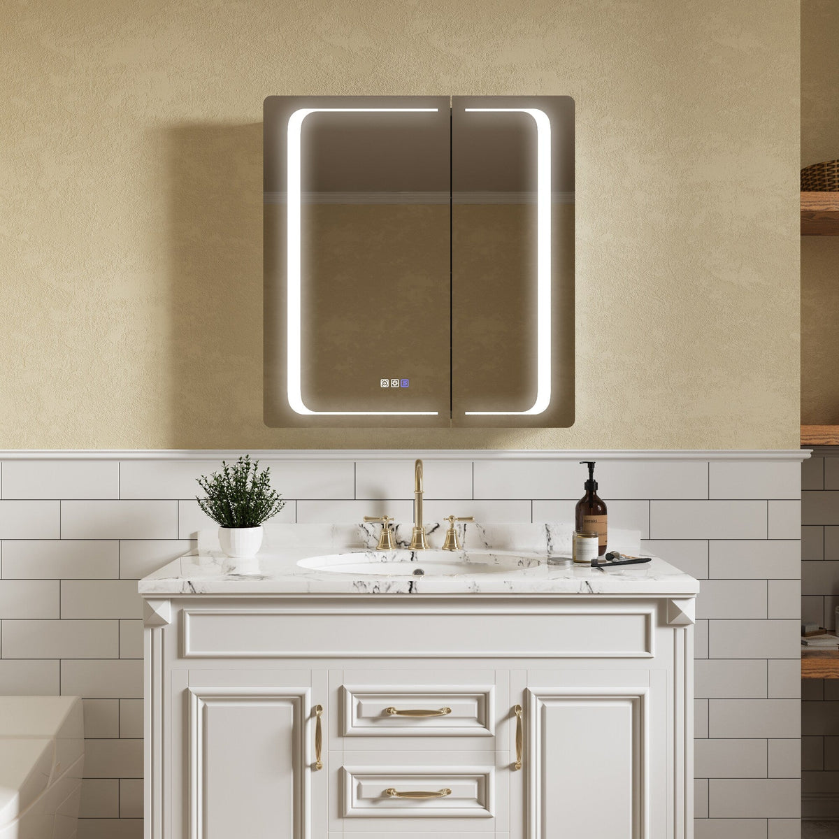 ExBrite Nova 30-in x 32-in Lighted LED Fog Free Surface/Recessed Mount Silver Mirrored Soft Close Medicine Cabinet with Outlet