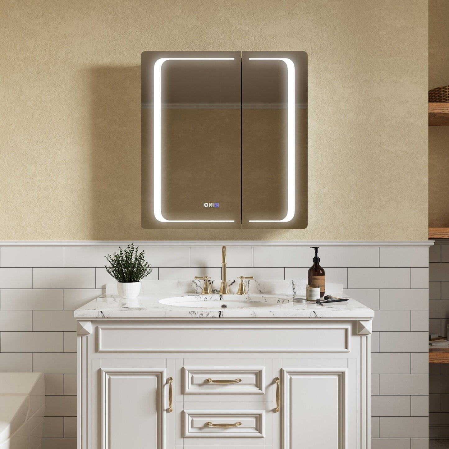 ExBrite Nova 30-in x 32-in Lighted LED Fog Free Surface/Recessed Mount Silver Mirrored Soft Close Medicine Cabinet with Outlet