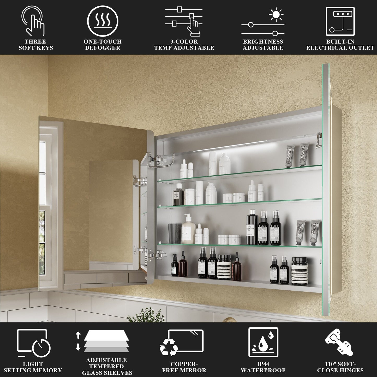 ExBrite Nova 36-in x 30-in Lighted LED Fog Free Surface/Recessed Mount Silver Mirrored Soft Close Medicine Cabinet with Outlet