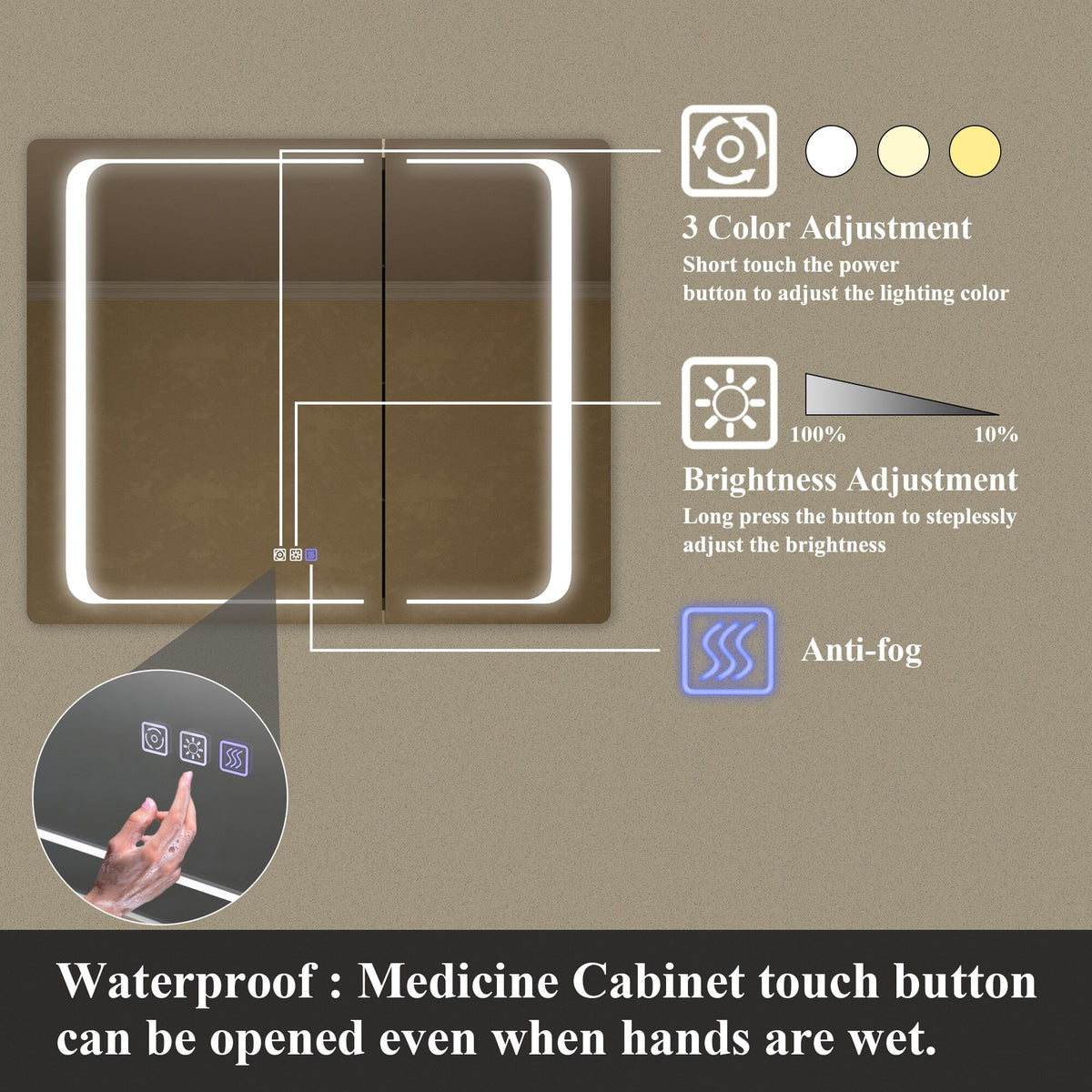 ExBrite Nova 36-in x 30-in Lighted LED Fog Free Surface/Recessed Mount Silver Mirrored Soft Close Medicine Cabinet with Outlet