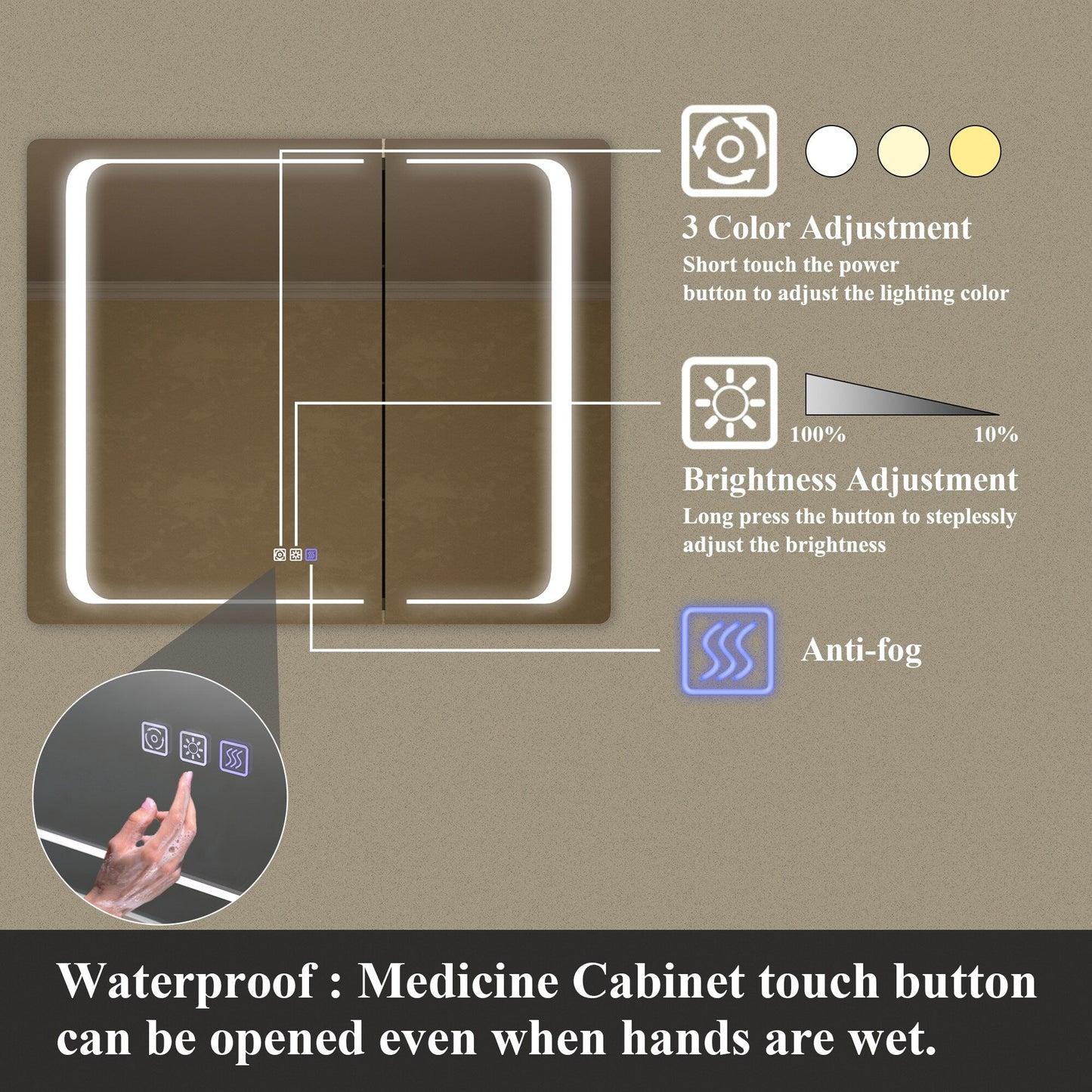 ExBrite Nova 36-in x 30-in Lighted LED Fog Free Surface/Recessed Mount Silver Mirrored Soft Close Medicine Cabinet with Outlet