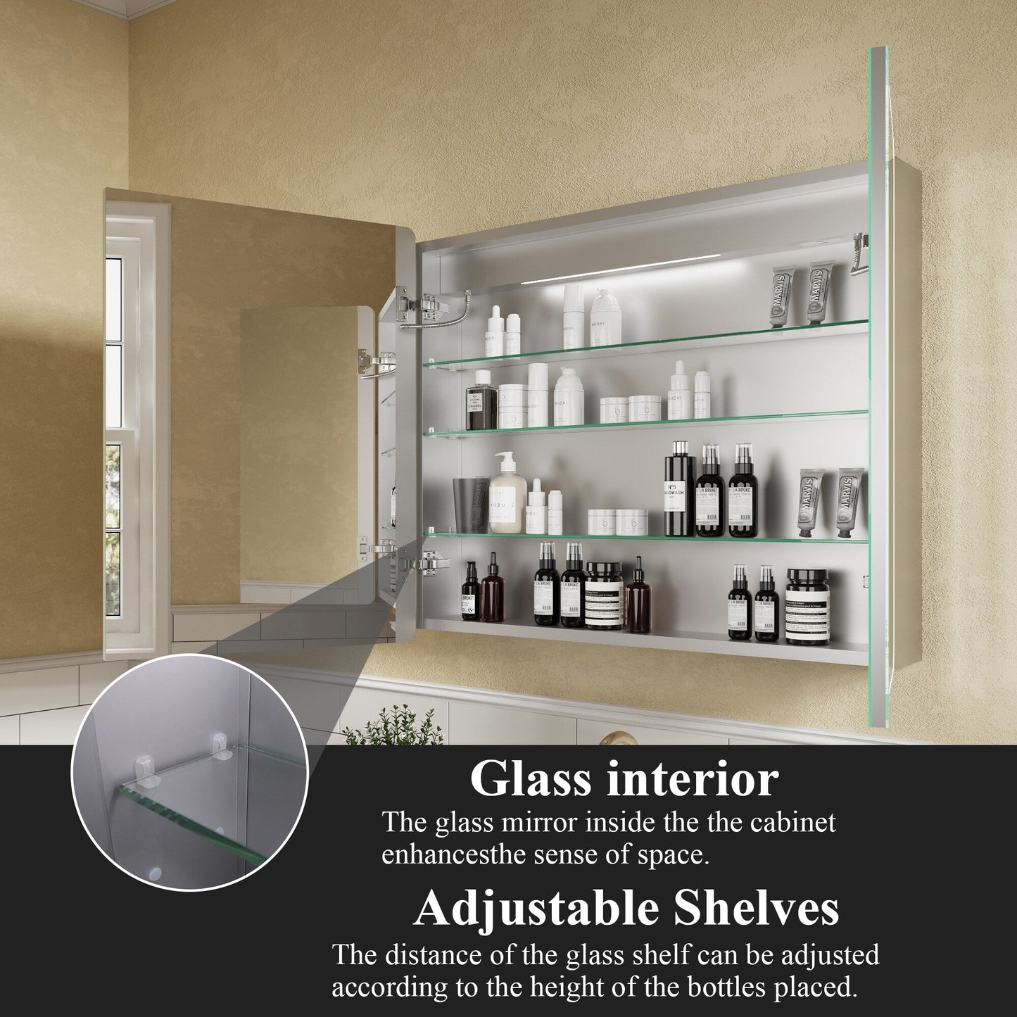 ExBrite Nova 36-in x 30-in Lighted LED Fog Free Surface/Recessed Mount Silver Mirrored Soft Close Medicine Cabinet with Outlet