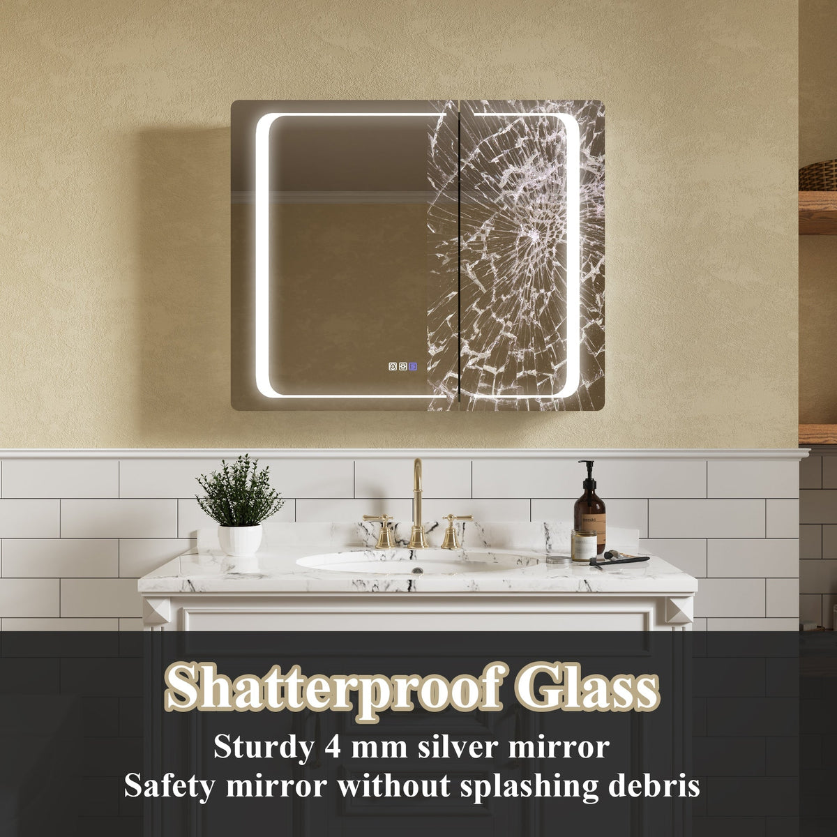 ExBrite Nova 36-in x 30-in Lighted LED Fog Free Surface/Recessed Mount Silver Mirrored Soft Close Medicine Cabinet with Outlet