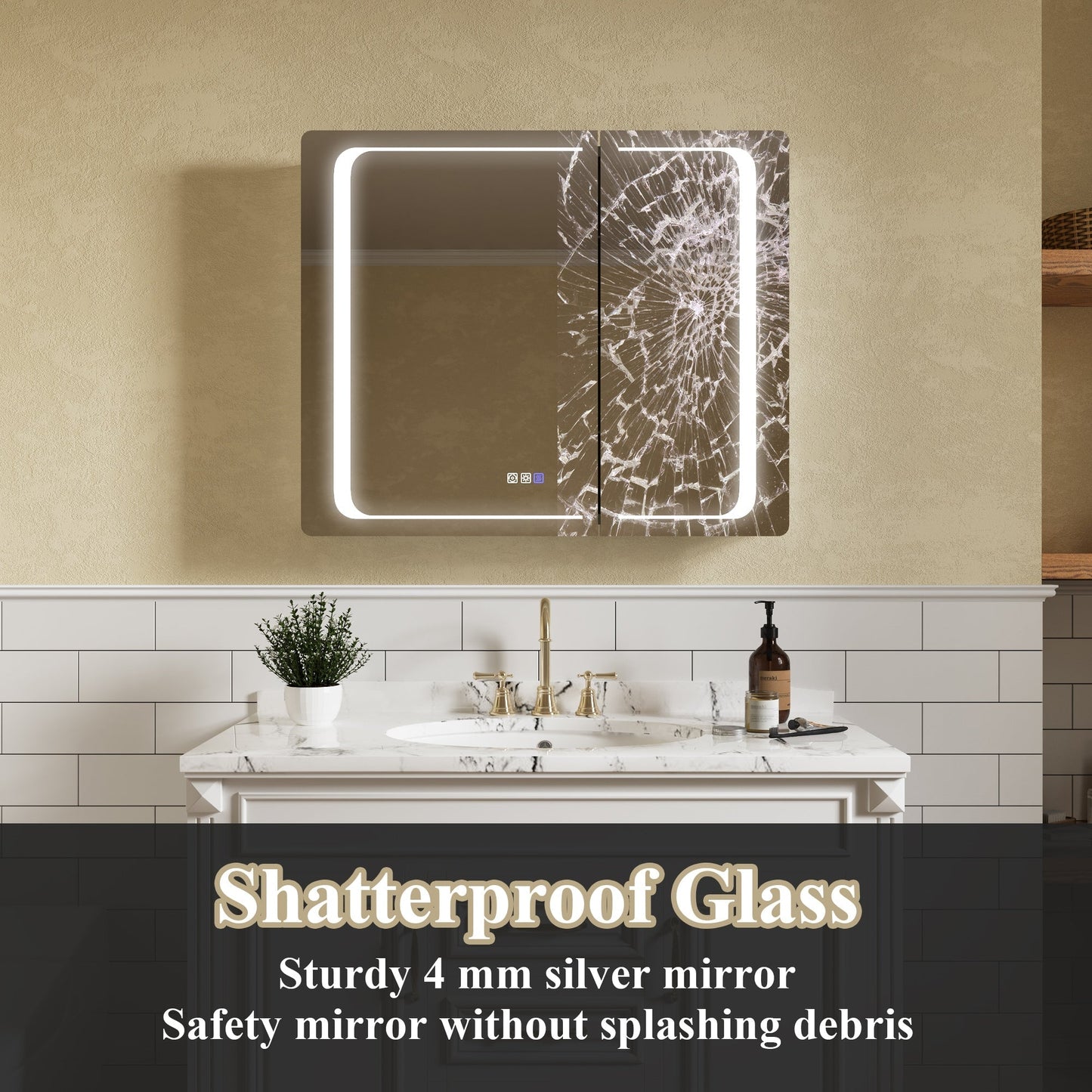ExBrite Nova 36-in x 30-in Lighted LED Fog Free Surface/Recessed Mount Silver Mirrored Soft Close Medicine Cabinet with Outlet