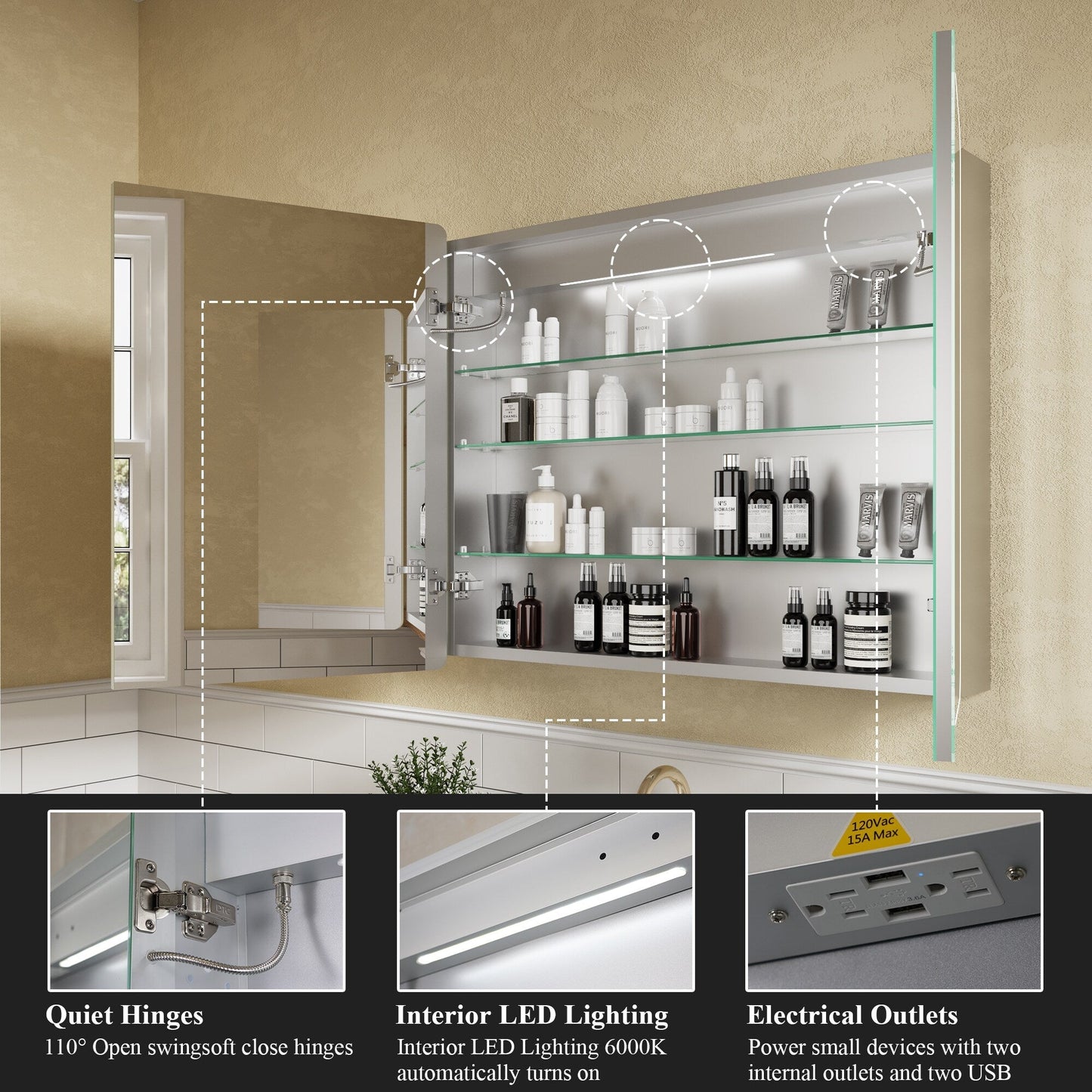 ExBrite Nova 36-in x 30-in Lighted LED Fog Free Surface/Recessed Mount Silver Mirrored Soft Close Medicine Cabinet with Outlet