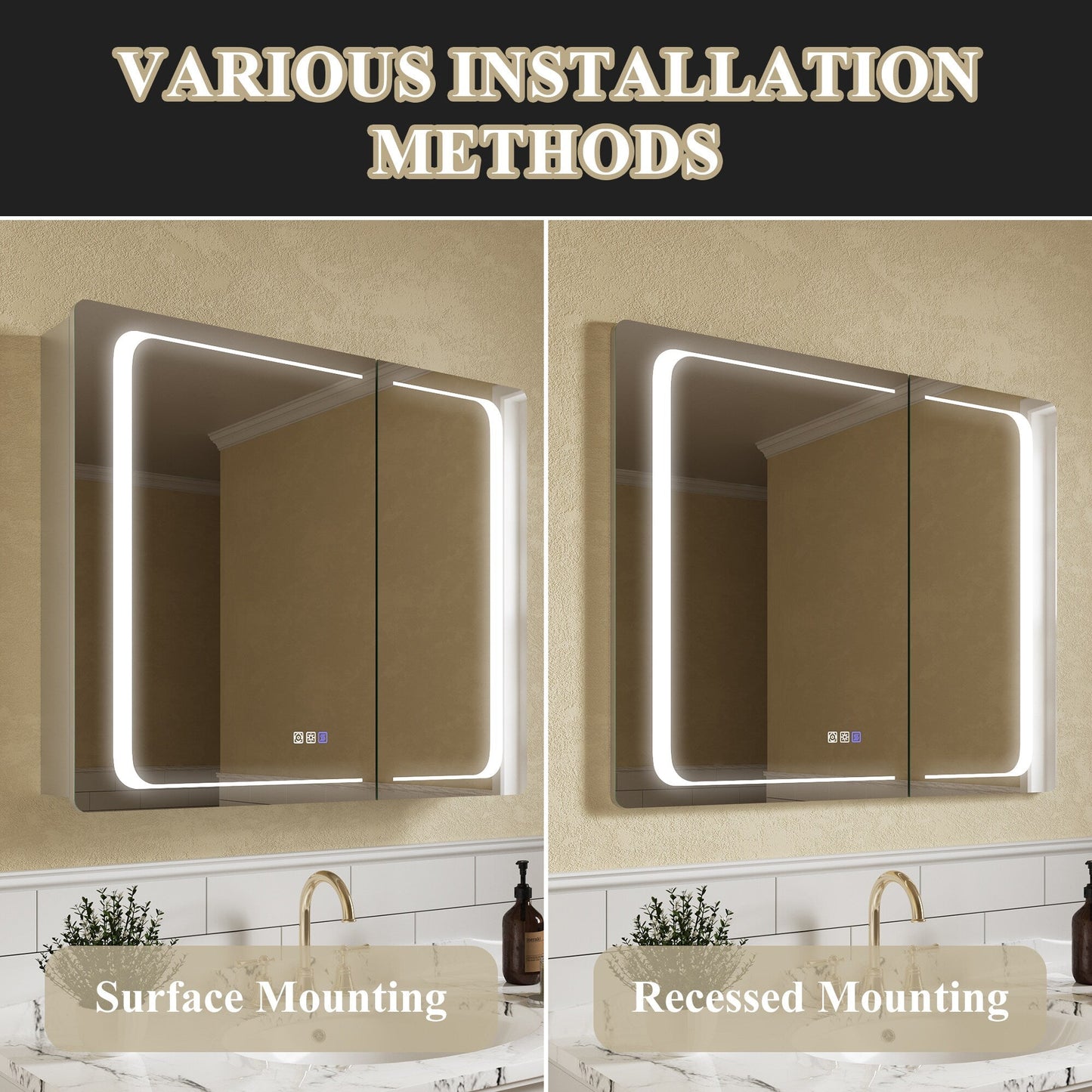 ExBrite Nova 36-in x 30-in Lighted LED Fog Free Surface/Recessed Mount Silver Mirrored Soft Close Medicine Cabinet with Outlet