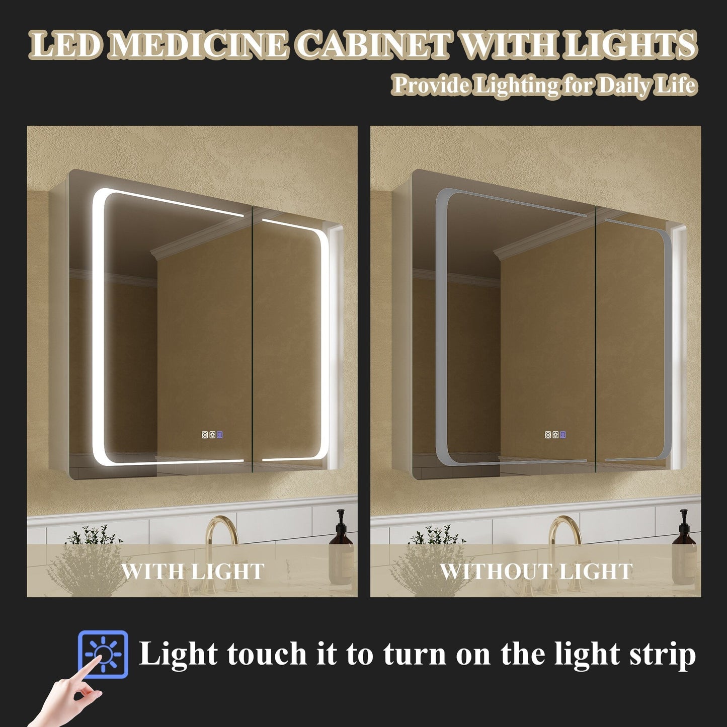 ExBrite Nova 36-in x 30-in Lighted LED Fog Free Surface/Recessed Mount Silver Mirrored Soft Close Medicine Cabinet with Outlet
