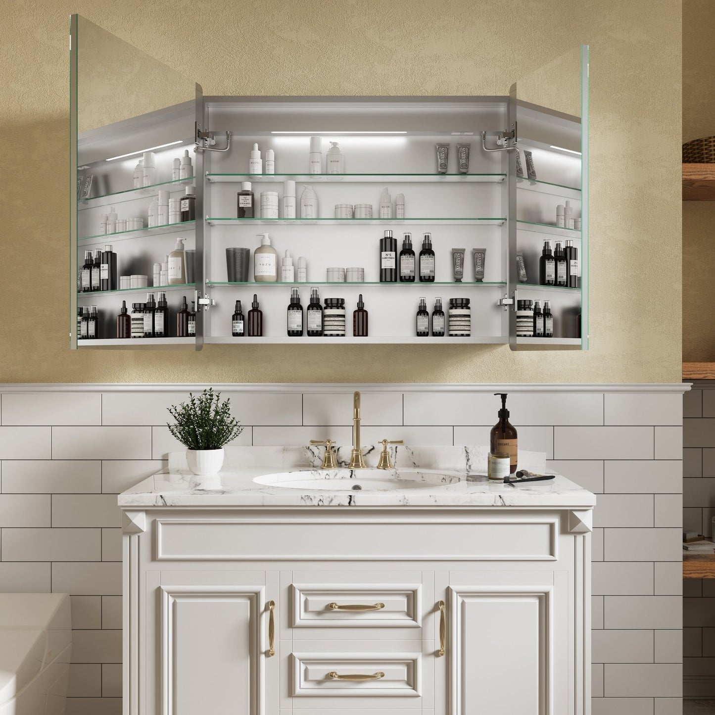 ExBrite Nova 36-in x 30-in Lighted LED Fog Free Surface/Recessed Mount Silver Mirrored Soft Close Medicine Cabinet with Outlet