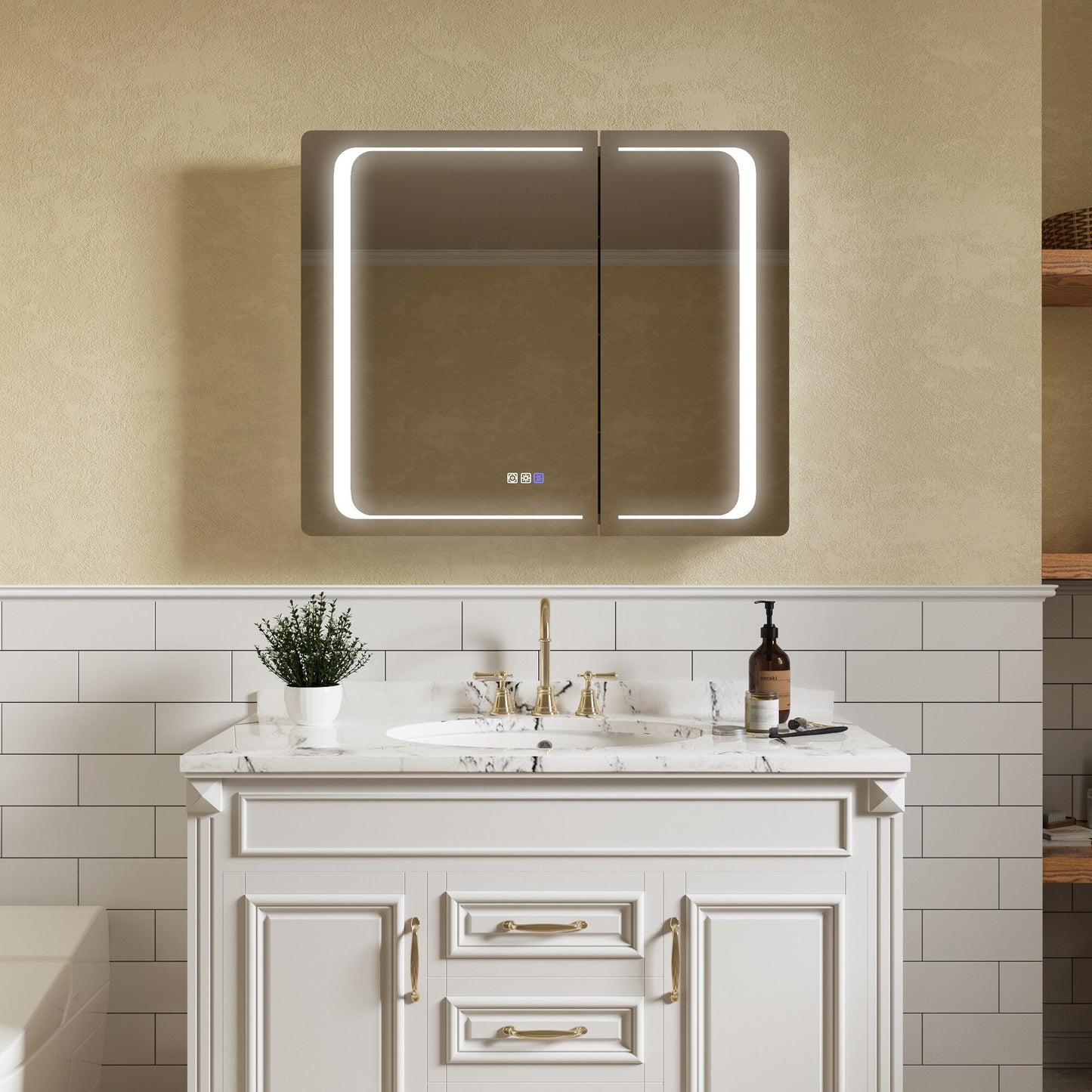ExBrite Nova 36-in x 30-in Lighted LED Fog Free Surface/Recessed Mount Silver Mirrored Soft Close Medicine Cabinet with Outlet