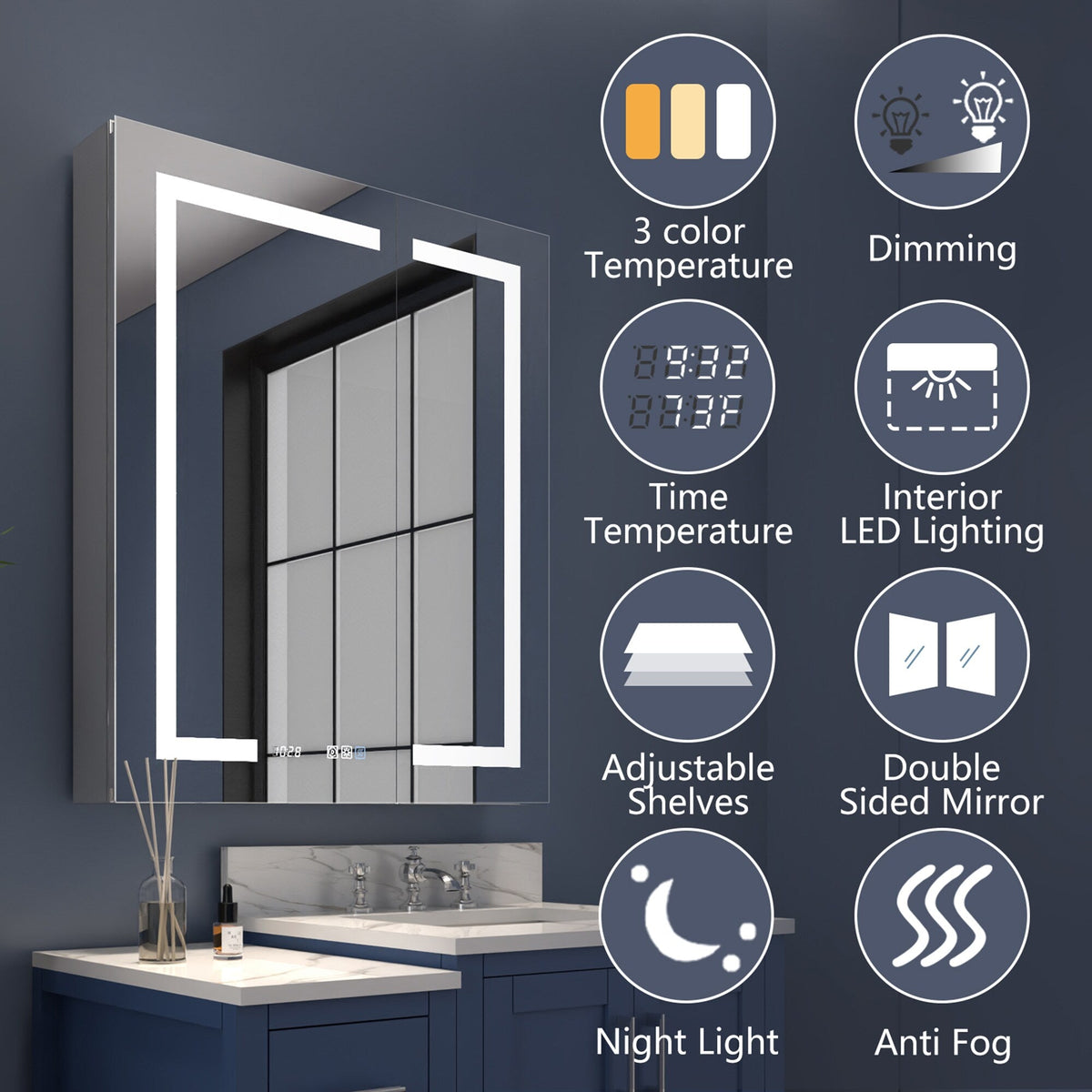 ExBrite 30-in x 36-in Lighted LED Fog Free Surface/Recessed Mount Silver Mirrored Soft Close Medicine Cabinet with Outlet
