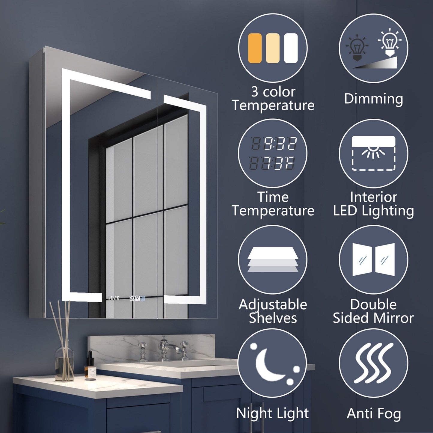 ExBrite 30-in x 36-in Lighted LED Fog Free Surface/Recessed Mount Silver Mirrored Soft Close Medicine Cabinet with Outlet