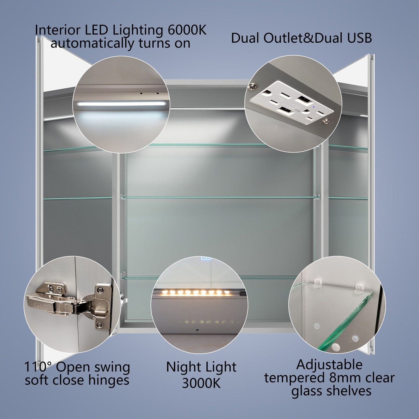 ExBrite 30-in x 36-in Lighted LED Fog Free Surface/Recessed Mount Silver Mirrored Soft Close Medicine Cabinet with Outlet