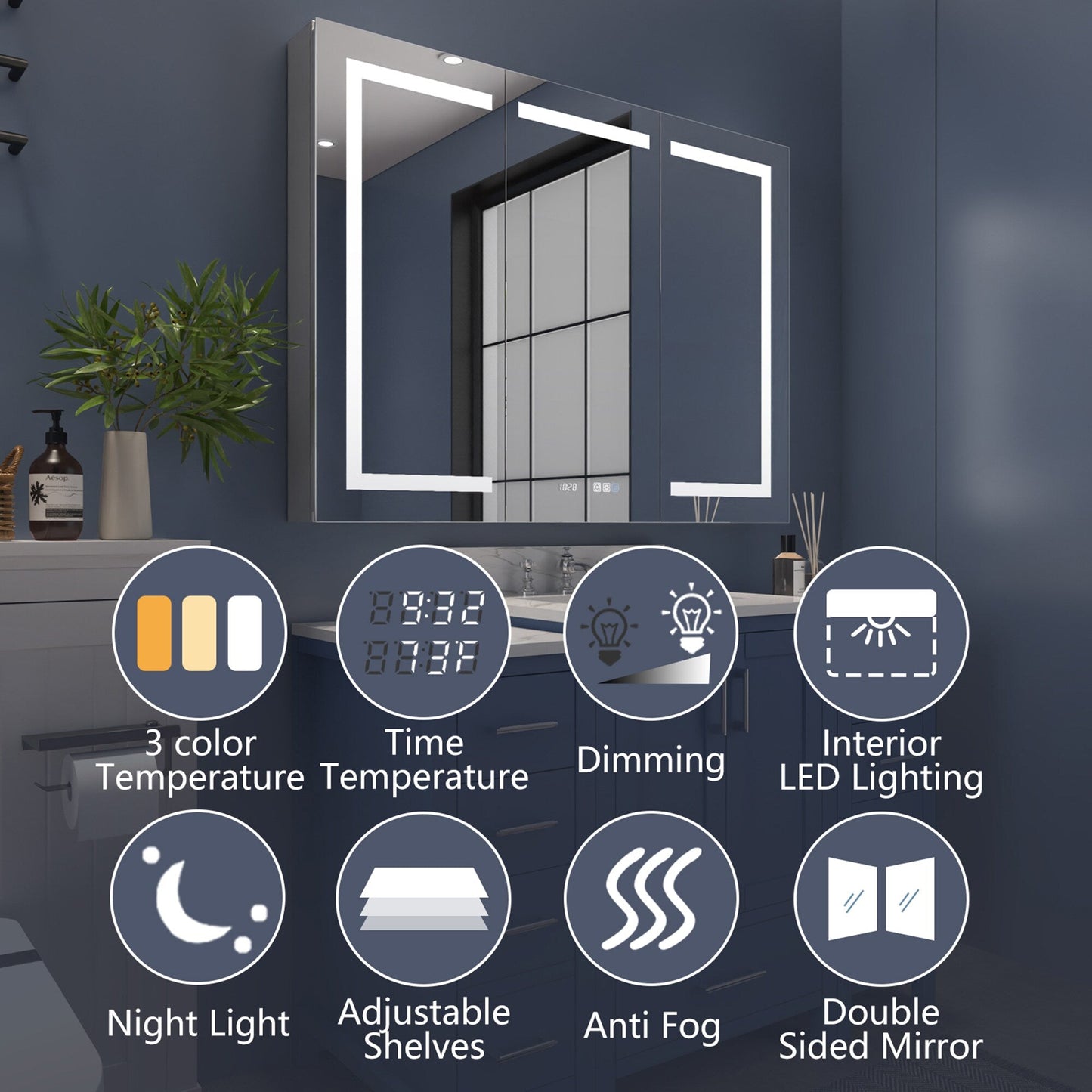 ExBrite 48-in x 36-in Lighted LED Fog Free Surface/Recessed Mount Silver Mirrored Soft Close Medicine Cabinet with Outlet