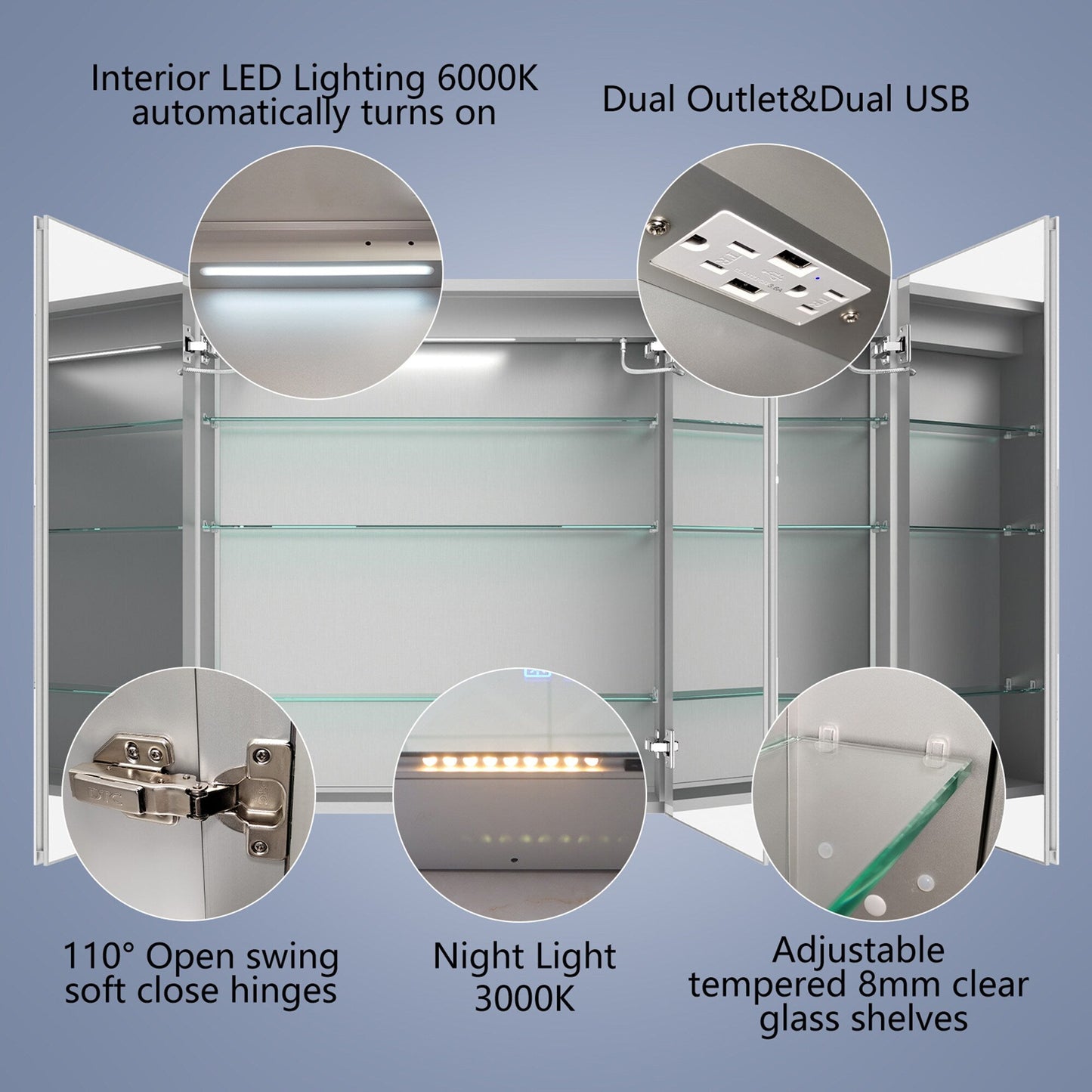 ExBrite 48-in x 36-in Lighted LED Fog Free Surface/Recessed Mount Silver Mirrored Soft Close Medicine Cabinet with Outlet