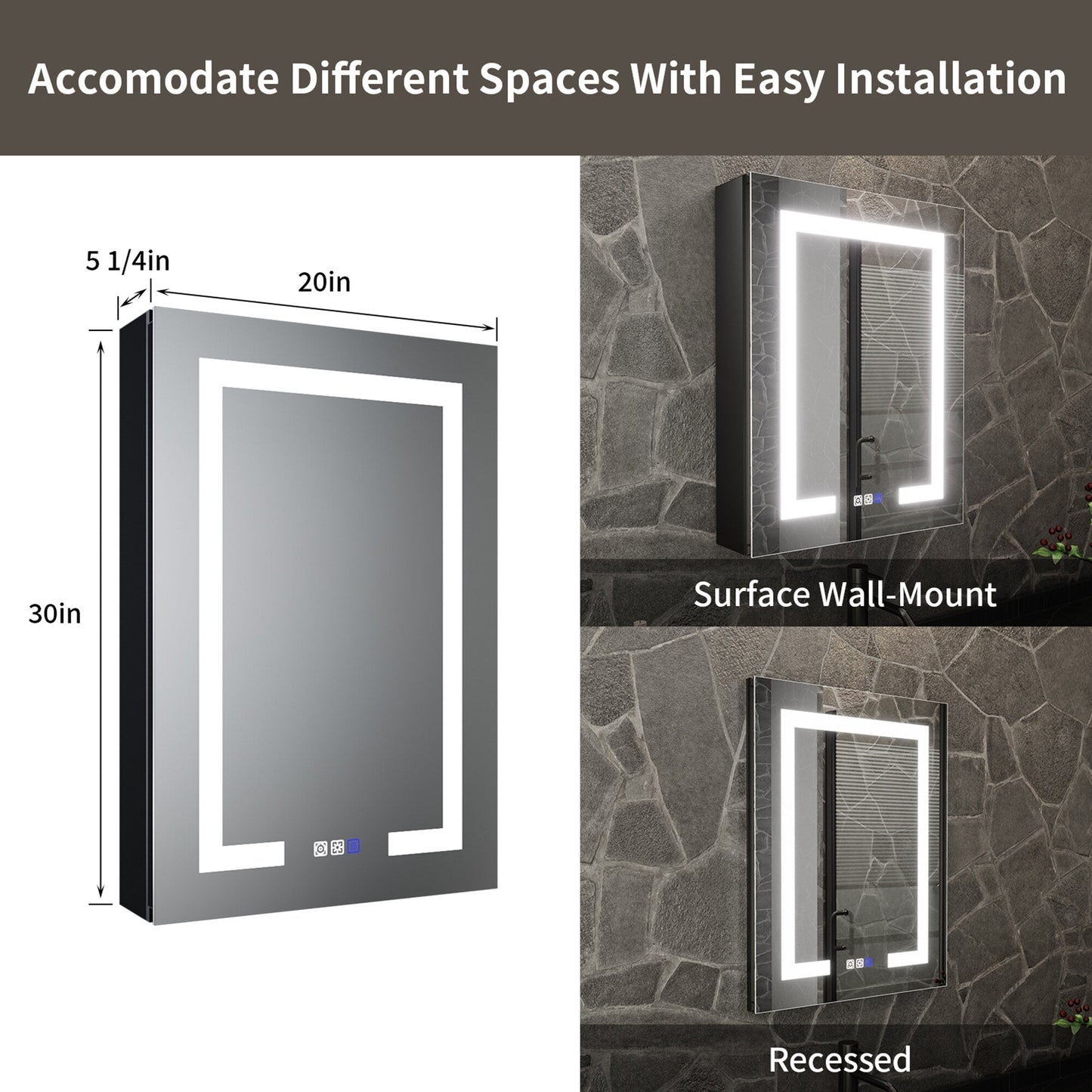 ExBrite 20-in x 30-in Lighted LED Fog Free Surface/Recessed Mount Matte Black Mirrored Soft Close Medicine Cabinet with Outlet