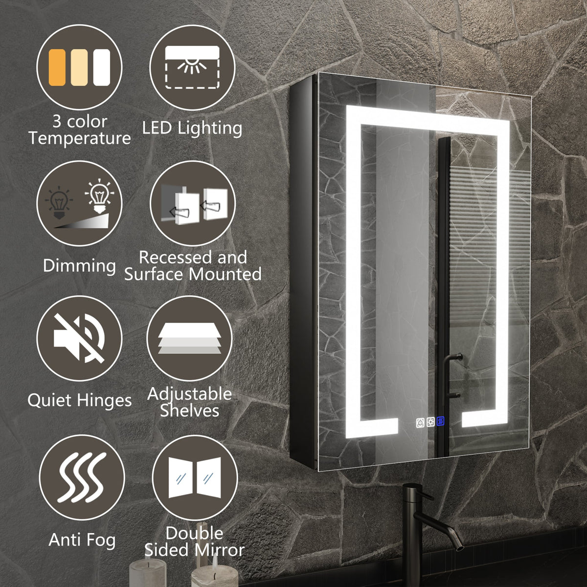ExBrite 20-in x 30-in Lighted LED Fog Free Surface/Recessed Mount Matte Black Mirrored Soft Close Medicine Cabinet with Outlet