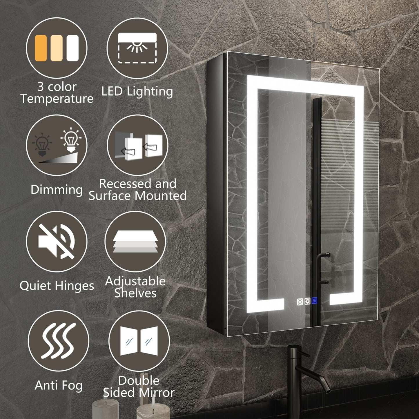 ExBrite 20-in x 30-in Lighted LED Fog Free Surface/Recessed Mount Matte Black Mirrored Soft Close Medicine Cabinet with Outlet