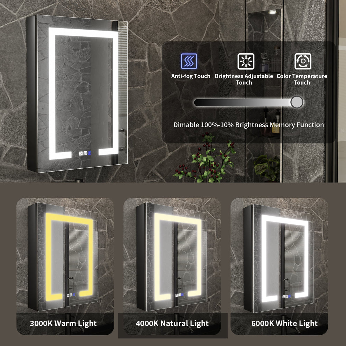 ExBrite 20-in x 30-in Lighted LED Fog Free Surface/Recessed Mount Matte Black Mirrored Soft Close Medicine Cabinet with Outlet