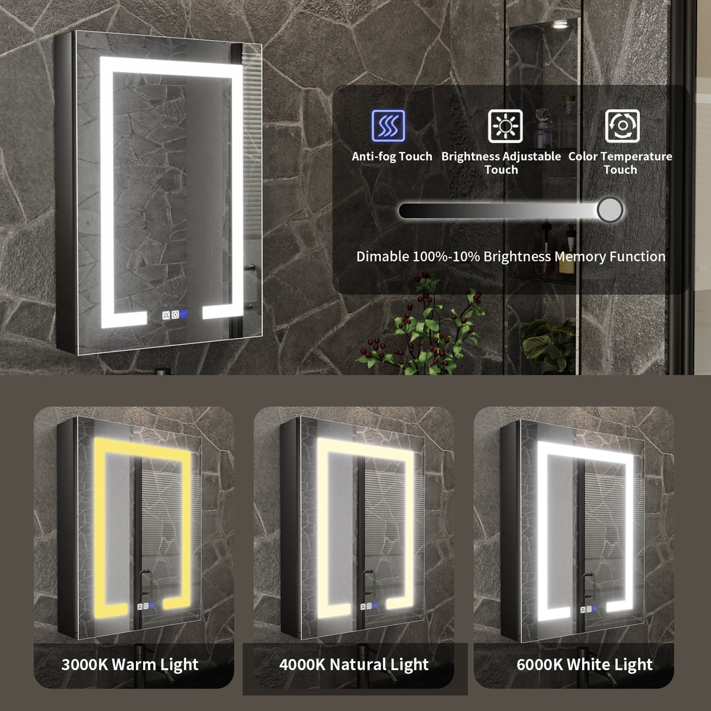 ExBrite 20-in x 30-in Lighted LED Fog Free Surface/Recessed Mount Matte Black Mirrored Soft Close Medicine Cabinet with Outlet