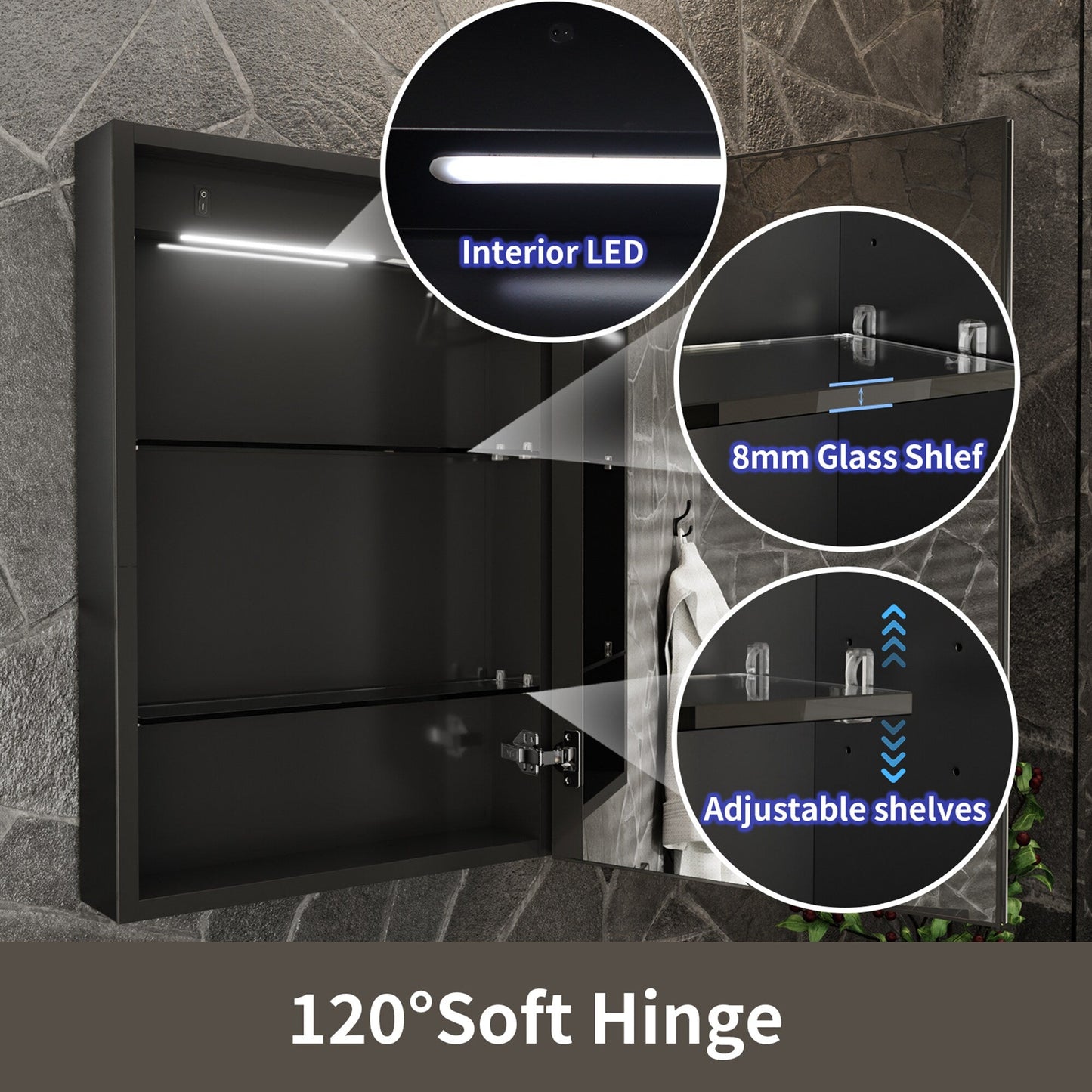 ExBrite 20-in x 30-in Lighted LED Fog Free Surface/Recessed Mount Matte Black Mirrored Soft Close Medicine Cabinet with Outlet