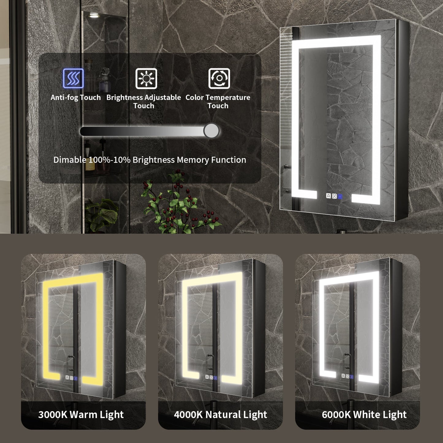 ExBrite 20-in x 30-in Lighted LED Fog Free Surface/Recessed Mount Matte Black Mirrored Soft Close Medicine Cabinet with Outlet
