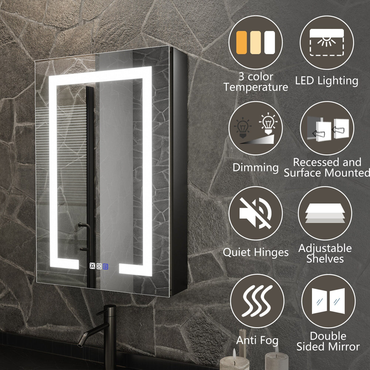 ExBrite 20-in x 30-in Lighted LED Fog Free Surface/Recessed Mount Matte Black Mirrored Soft Close Medicine Cabinet with Outlet