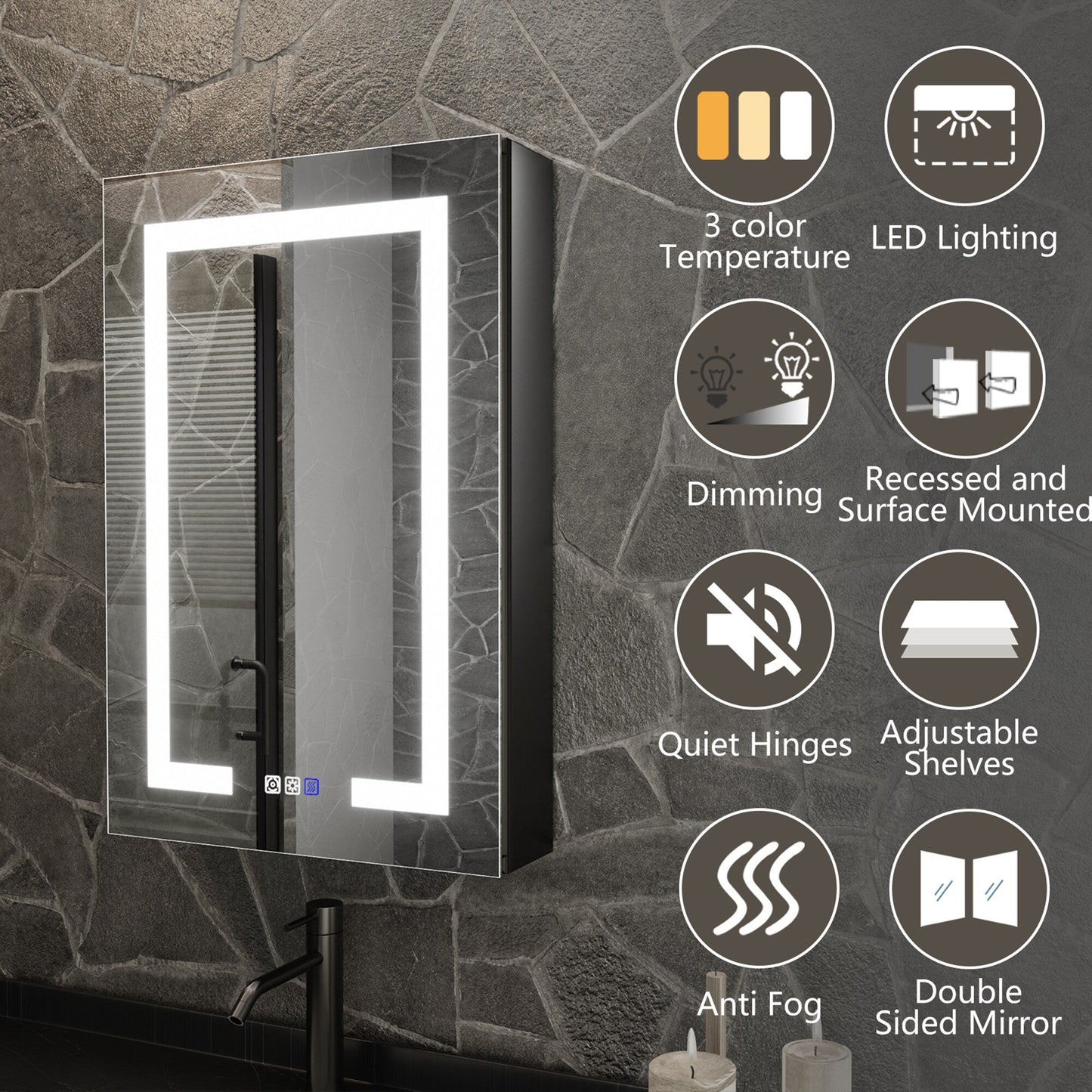 ExBrite 20-in x 30-in Lighted LED Fog Free Surface/Recessed Mount Matte Black Mirrored Soft Close Medicine Cabinet with Outlet