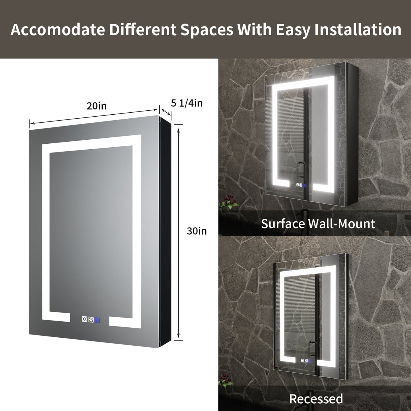 ExBrite 20-in x 30-in Lighted LED Fog Free Surface/Recessed Mount Matte Black Mirrored Soft Close Medicine Cabinet with Outlet