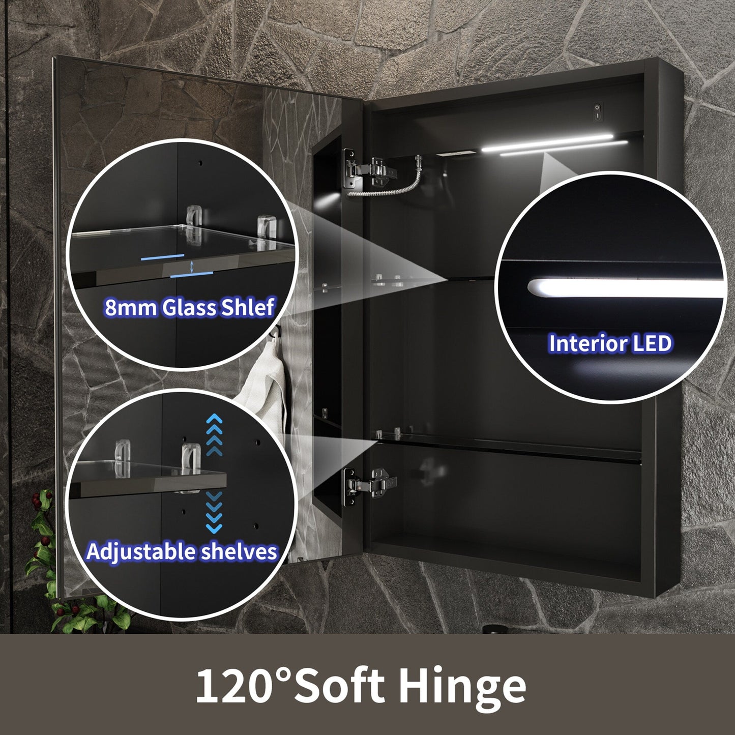 ExBrite 20-in x 30-in Lighted LED Fog Free Surface/Recessed Mount Matte Black Mirrored Soft Close Medicine Cabinet with Outlet