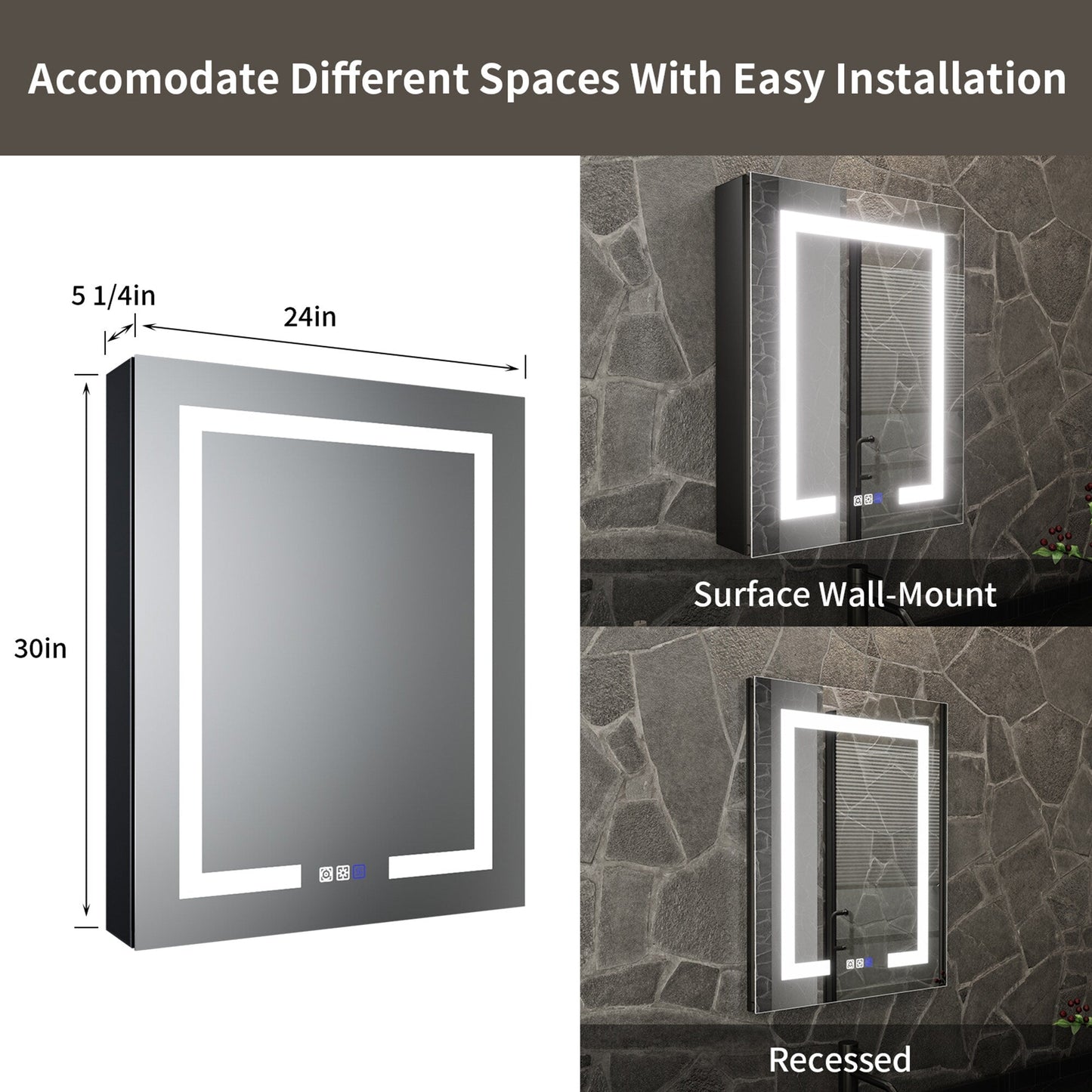 ExBrite 24-in x 30-in Lighted LED Fog Free Surface/Recessed Mount Matte Black Mirrored Soft Close Medicine Cabinet with Outlet