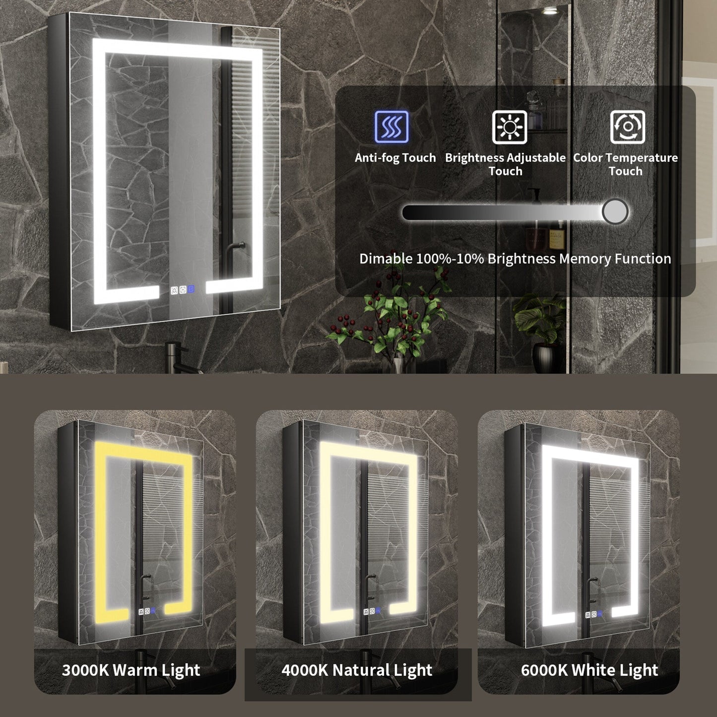 ExBrite 24-in x 30-in Lighted LED Fog Free Surface/Recessed Mount Matte Black Mirrored Soft Close Medicine Cabinet with Outlet