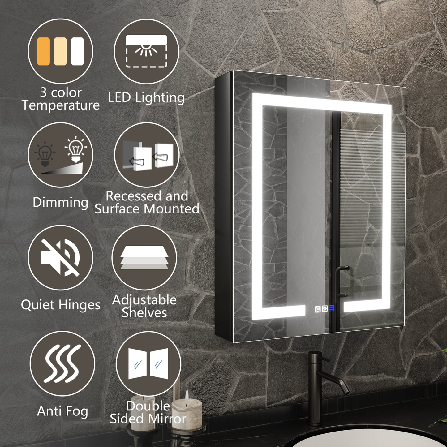ExBrite 24-in x 30-in Lighted LED Fog Free Surface/Recessed Mount Matte Black Mirrored Soft Close Medicine Cabinet with Outlet