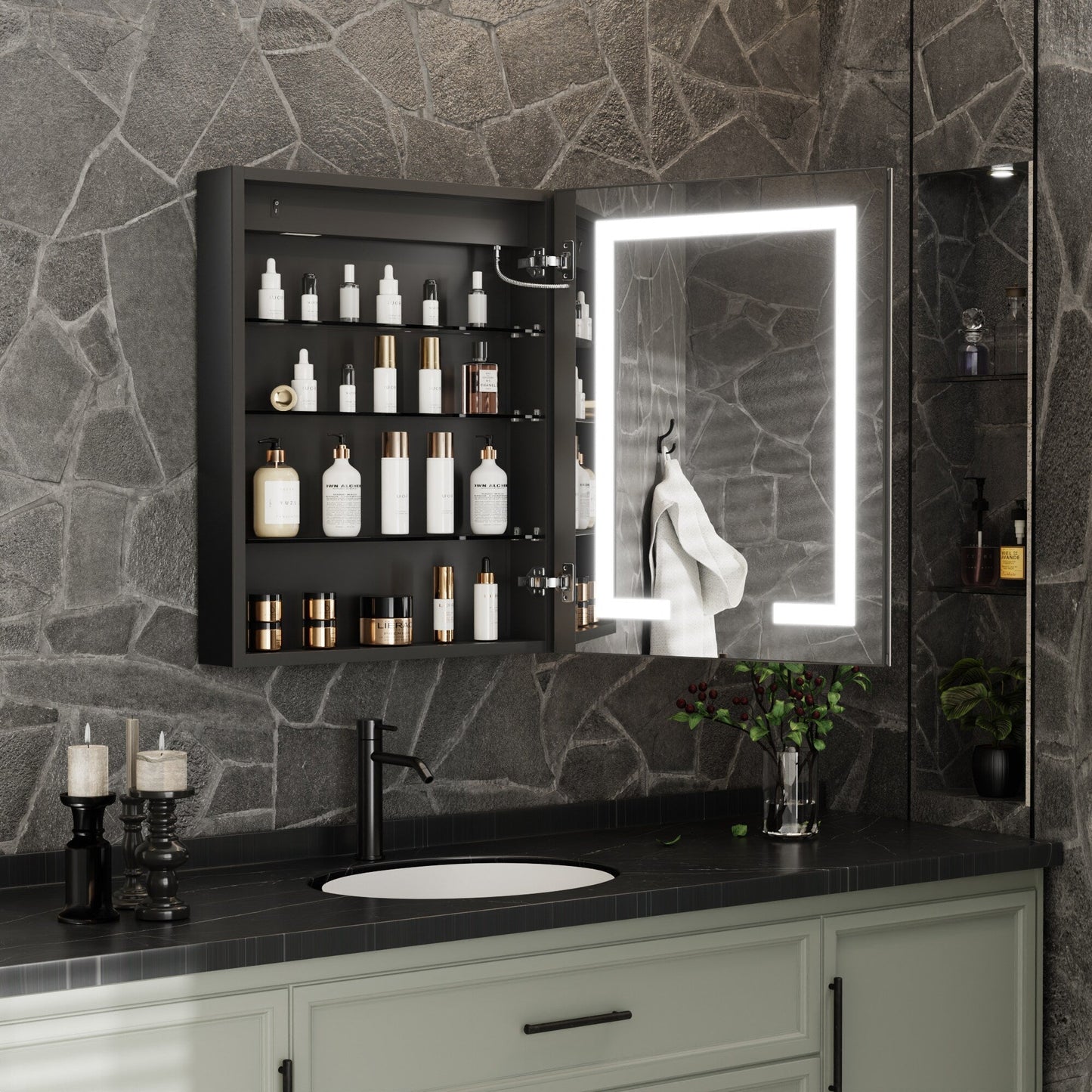 ExBrite 24-in x 30-in Lighted LED Fog Free Surface/Recessed Mount Matte Black Mirrored Soft Close Medicine Cabinet with Outlet