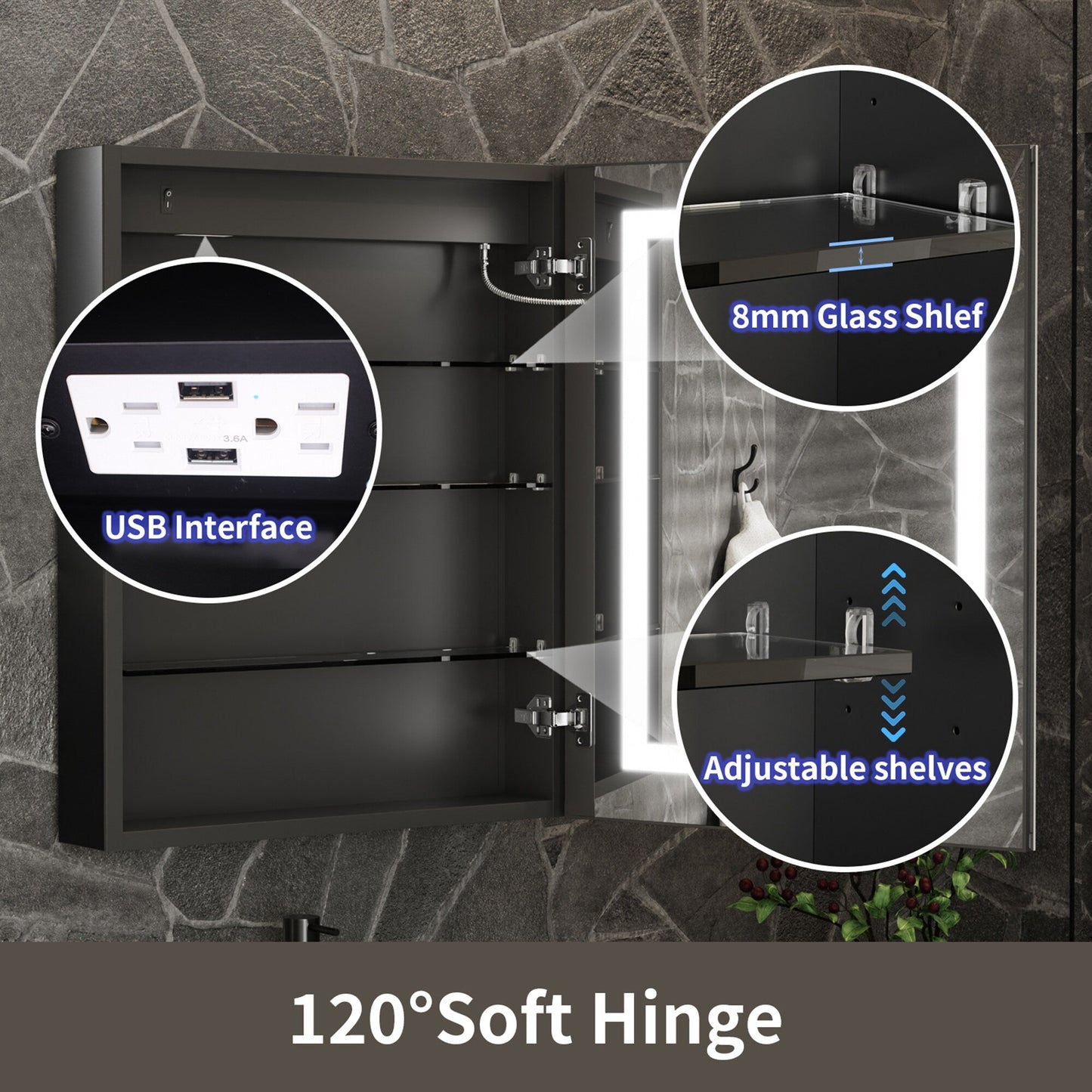ExBrite 24-in x 30-in Lighted LED Fog Free Surface/Recessed Mount Matte Black Mirrored Soft Close Medicine Cabinet with Outlet