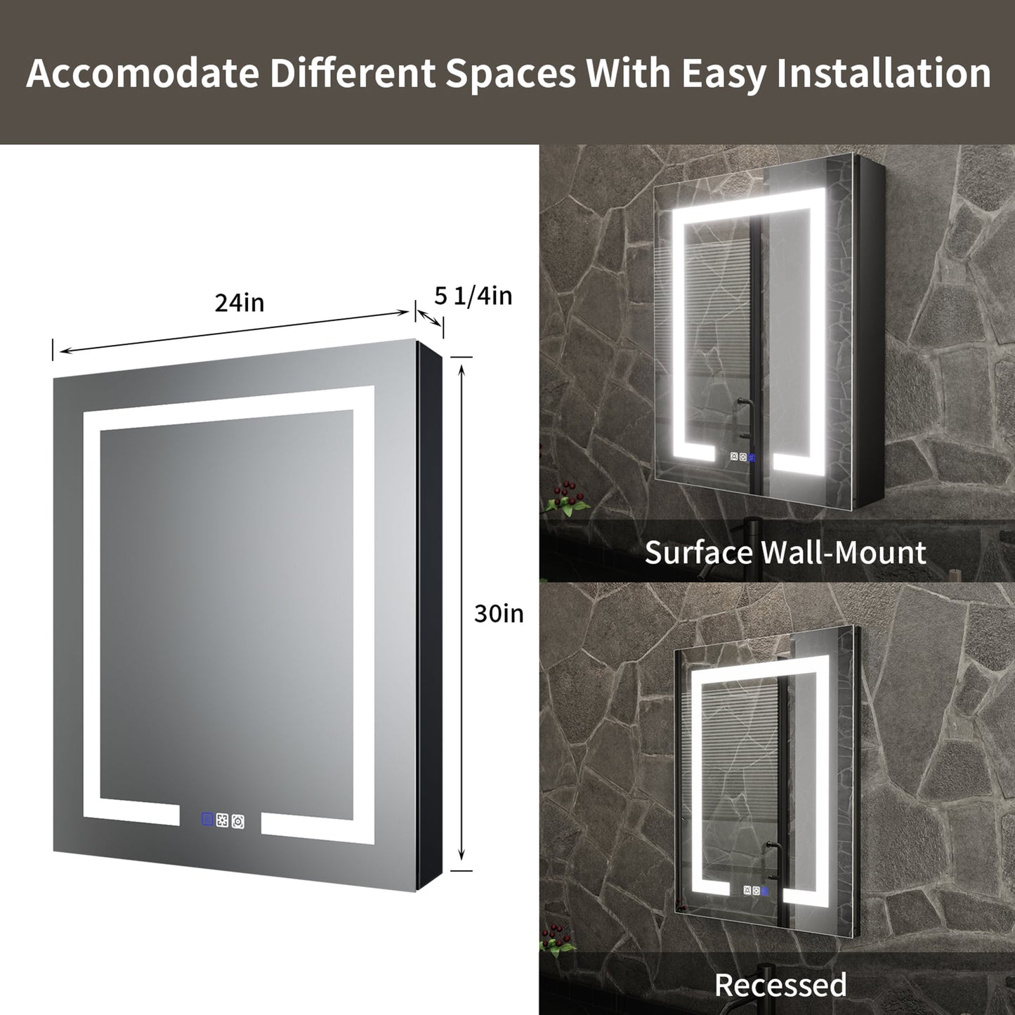 ExBrite 24-in x 30-in Lighted LED Fog Free Surface/Recessed Mount Matte Black Mirrored Soft Close Medicine Cabinet with Outlet