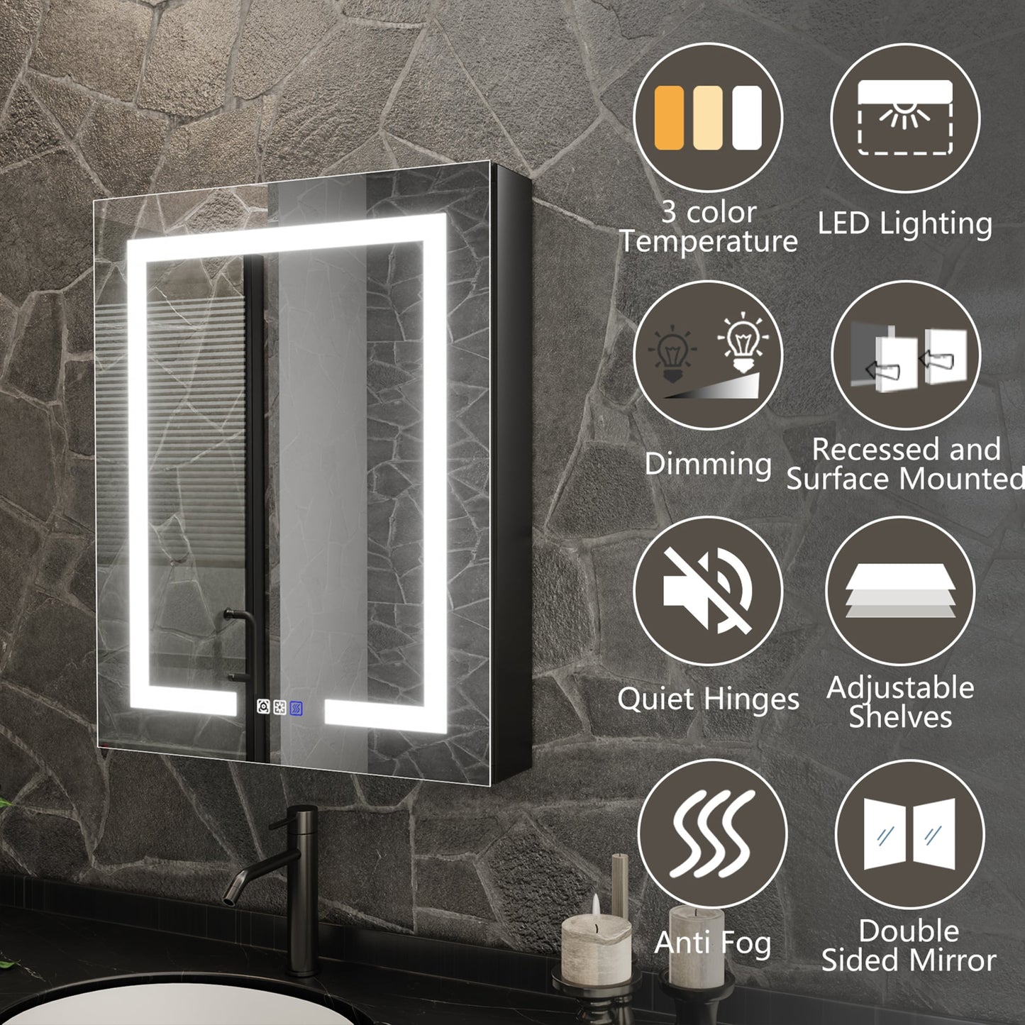 ExBrite 24-in x 30-in Lighted LED Fog Free Surface/Recessed Mount Matte Black Mirrored Soft Close Medicine Cabinet with Outlet