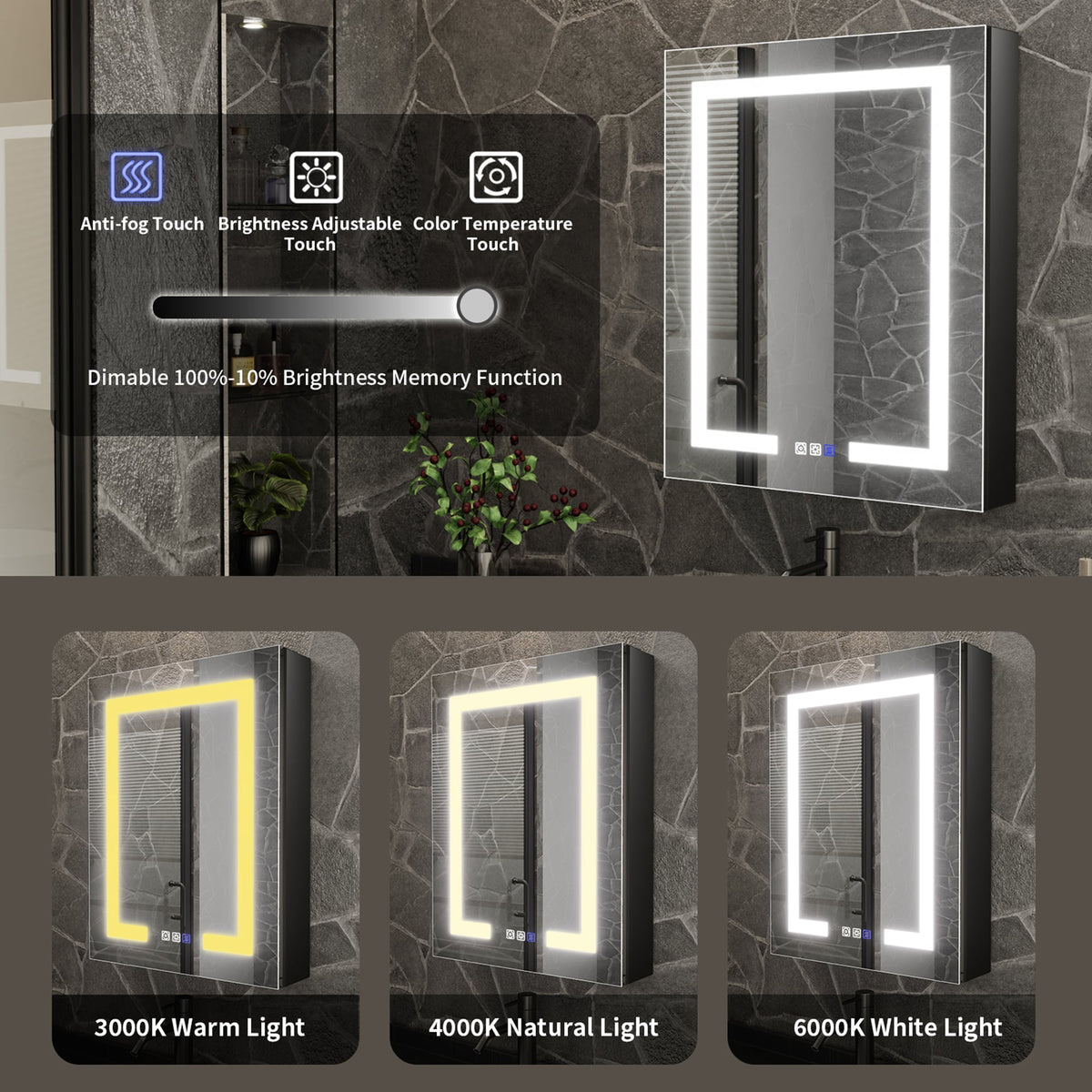ExBrite 24-in x 30-in Lighted LED Fog Free Surface/Recessed Mount Matte Black Mirrored Soft Close Medicine Cabinet with Outlet